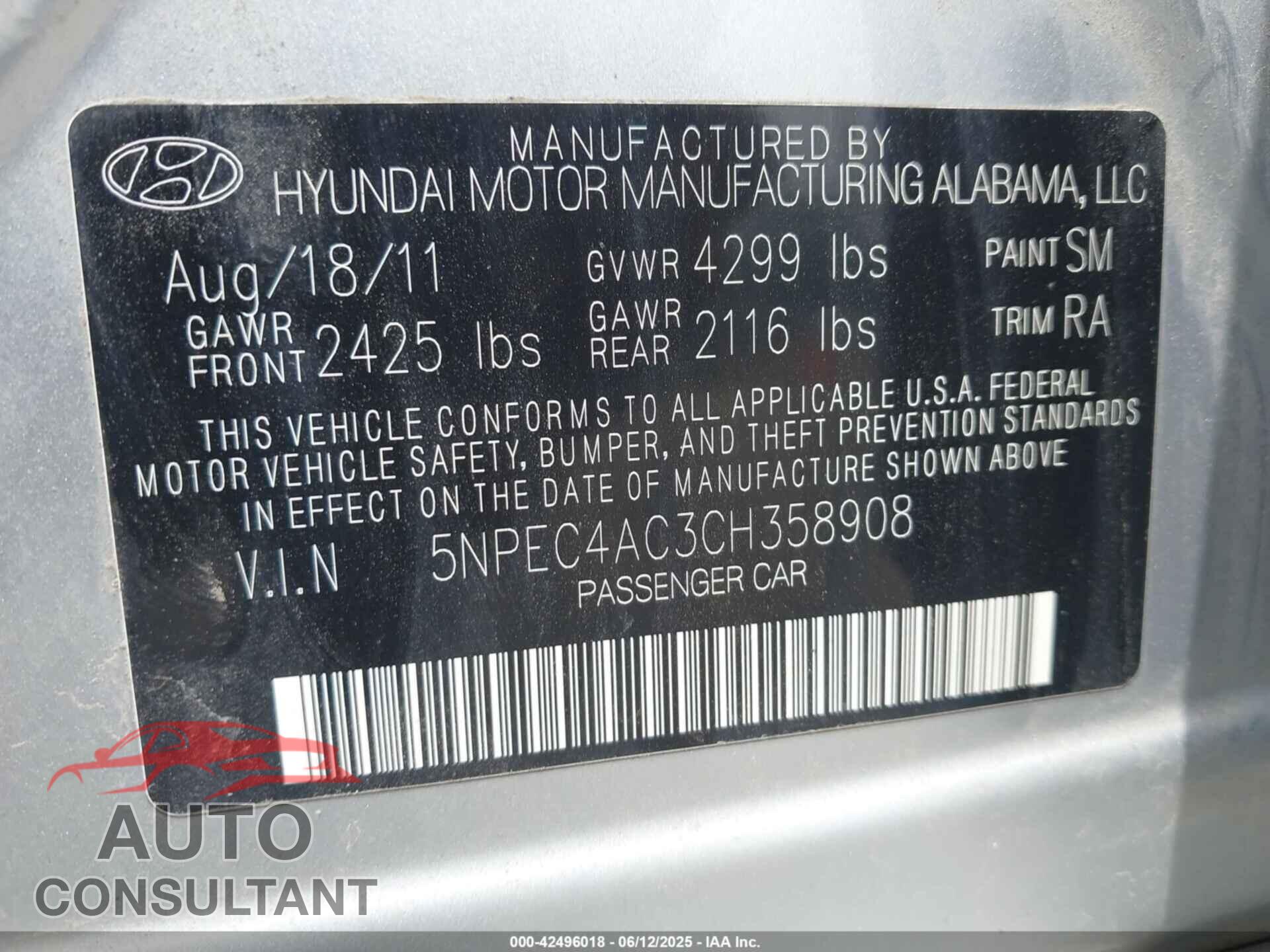 HYUNDAI SONATA 2012 - 5NPEC4AC3CH358908