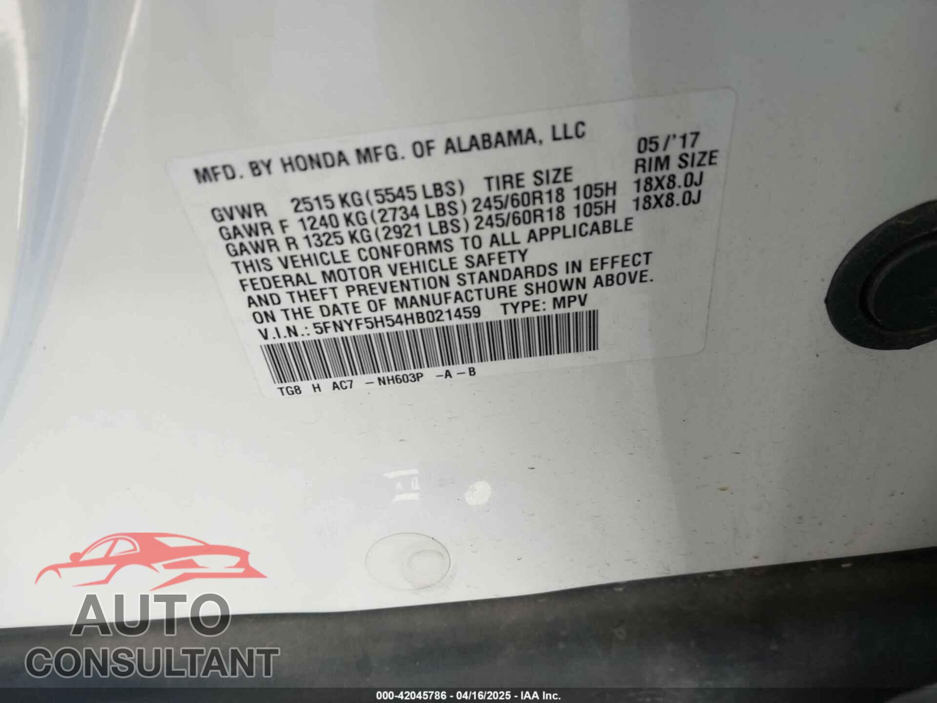 HONDA PILOT 2017 - 5FNYF5H54HB021459