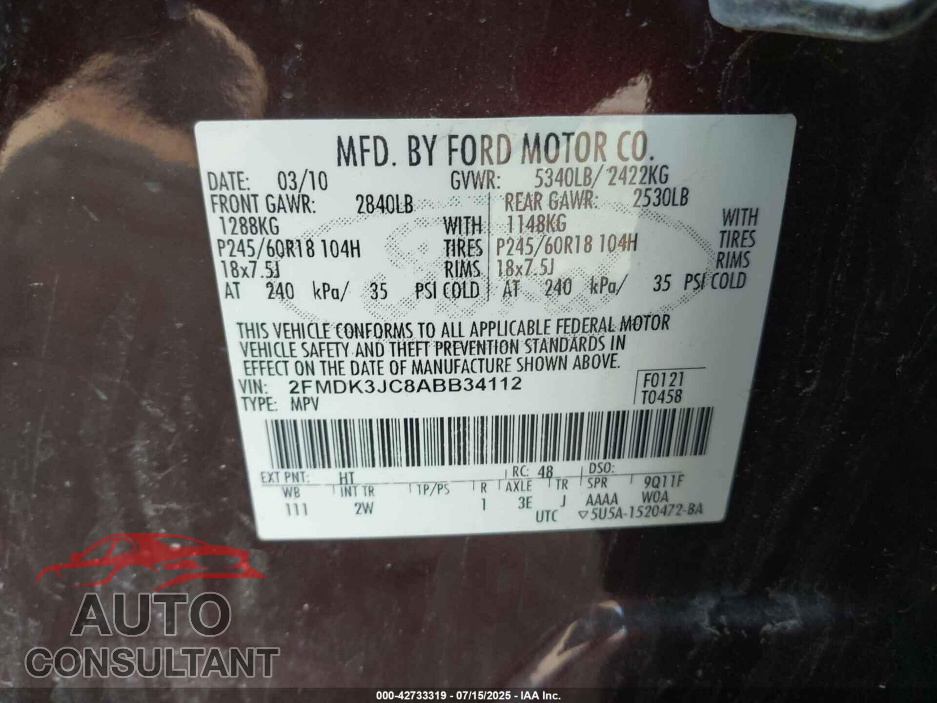 FORD EDGE 2010 - 2FMDK3JC8ABB34112