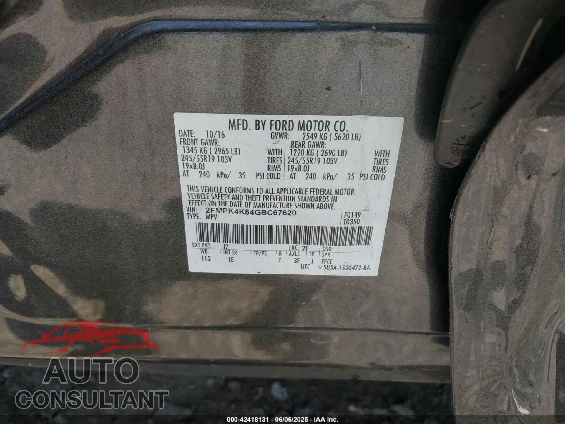 FORD EDGE 2016 - 2FMPK4K84GBC67620