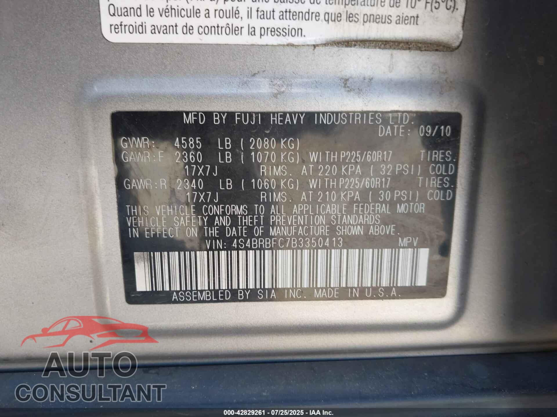 SUBARU OUTBACK 2011 - 4S4BRBFC7B3350413
