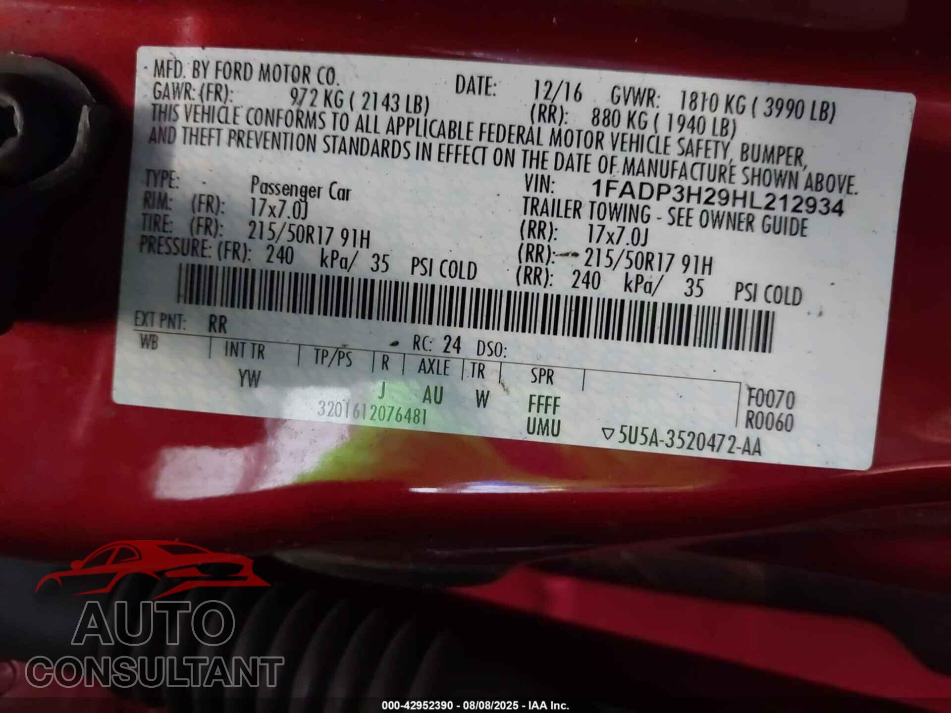 FORD FOCUS 2017 - 1FADP3H29HL212934