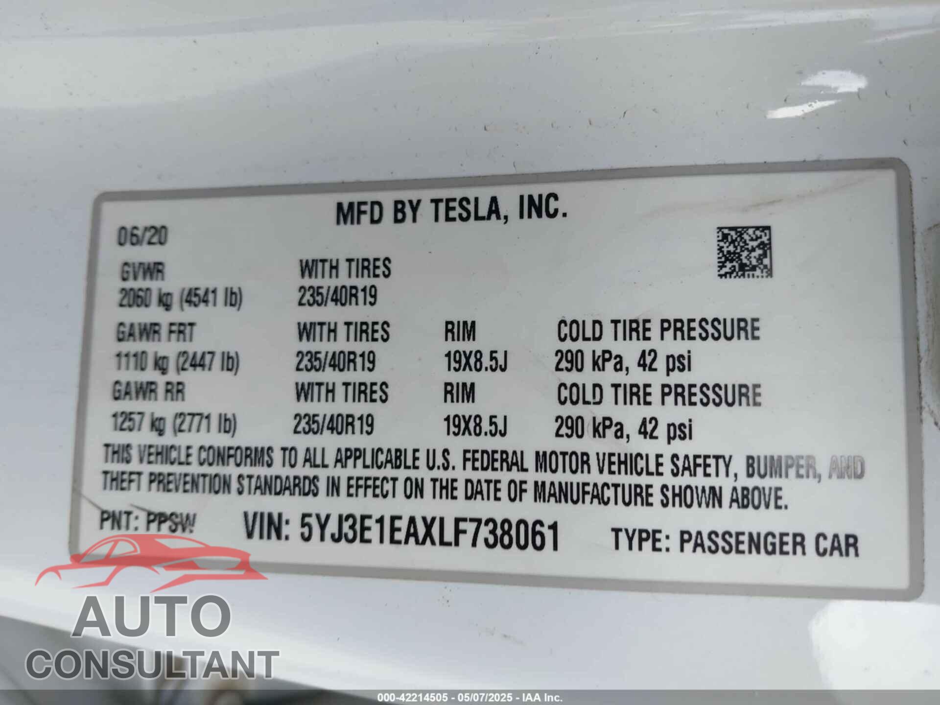 TESLA MODEL 3 2020 - 5YJ3E1EAXLF738061