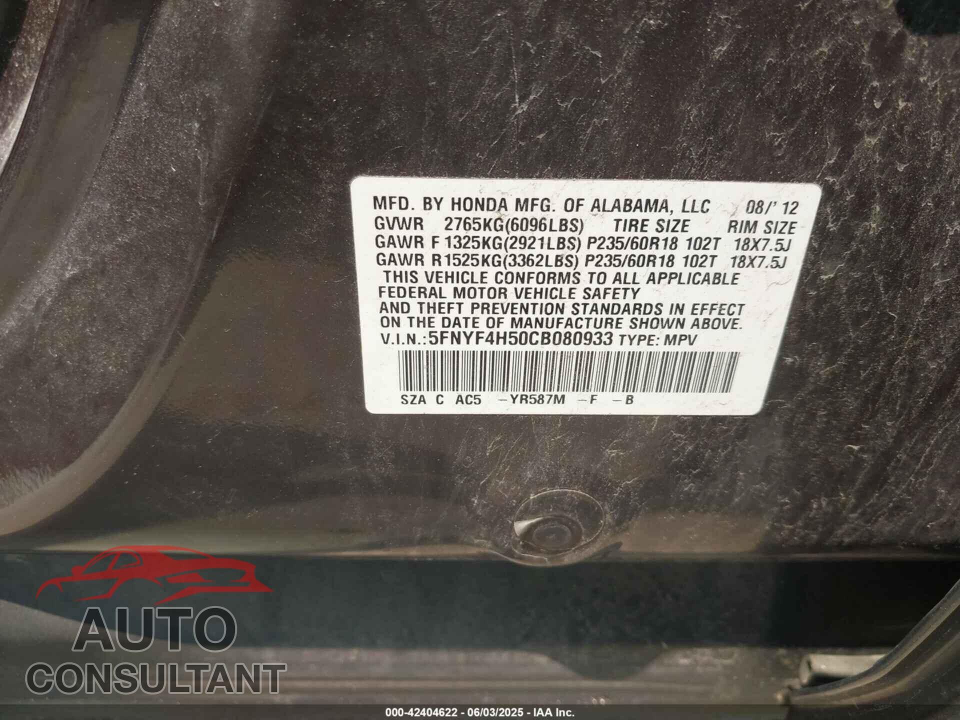 HONDA PILOT 2012 - 5FNYF4H50CB080933