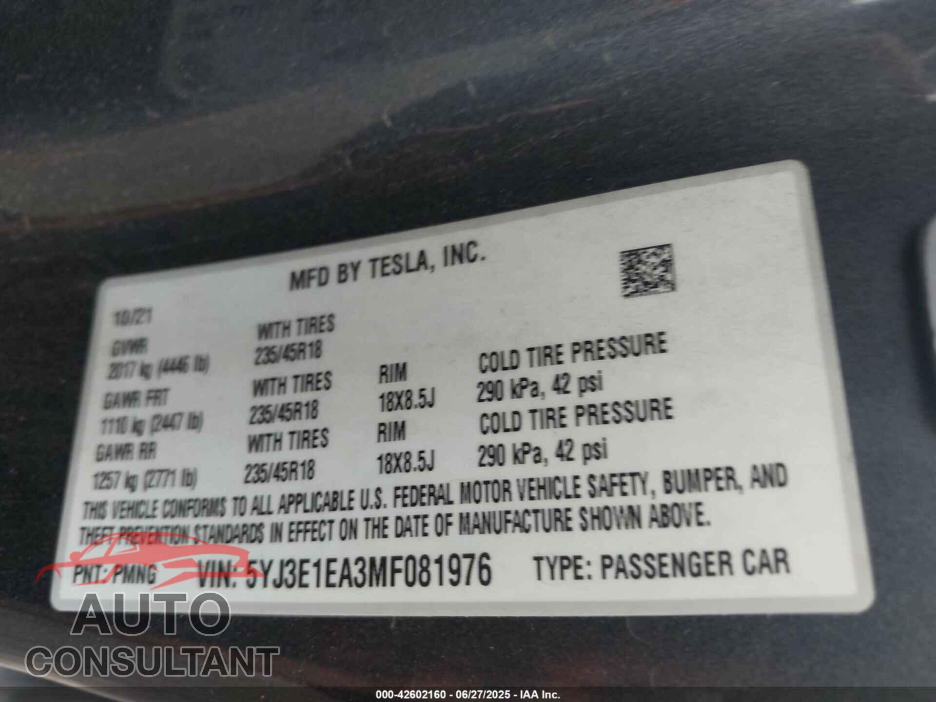 TESLA MODEL 3 2021 - 5YJ3E1EA3MF081976