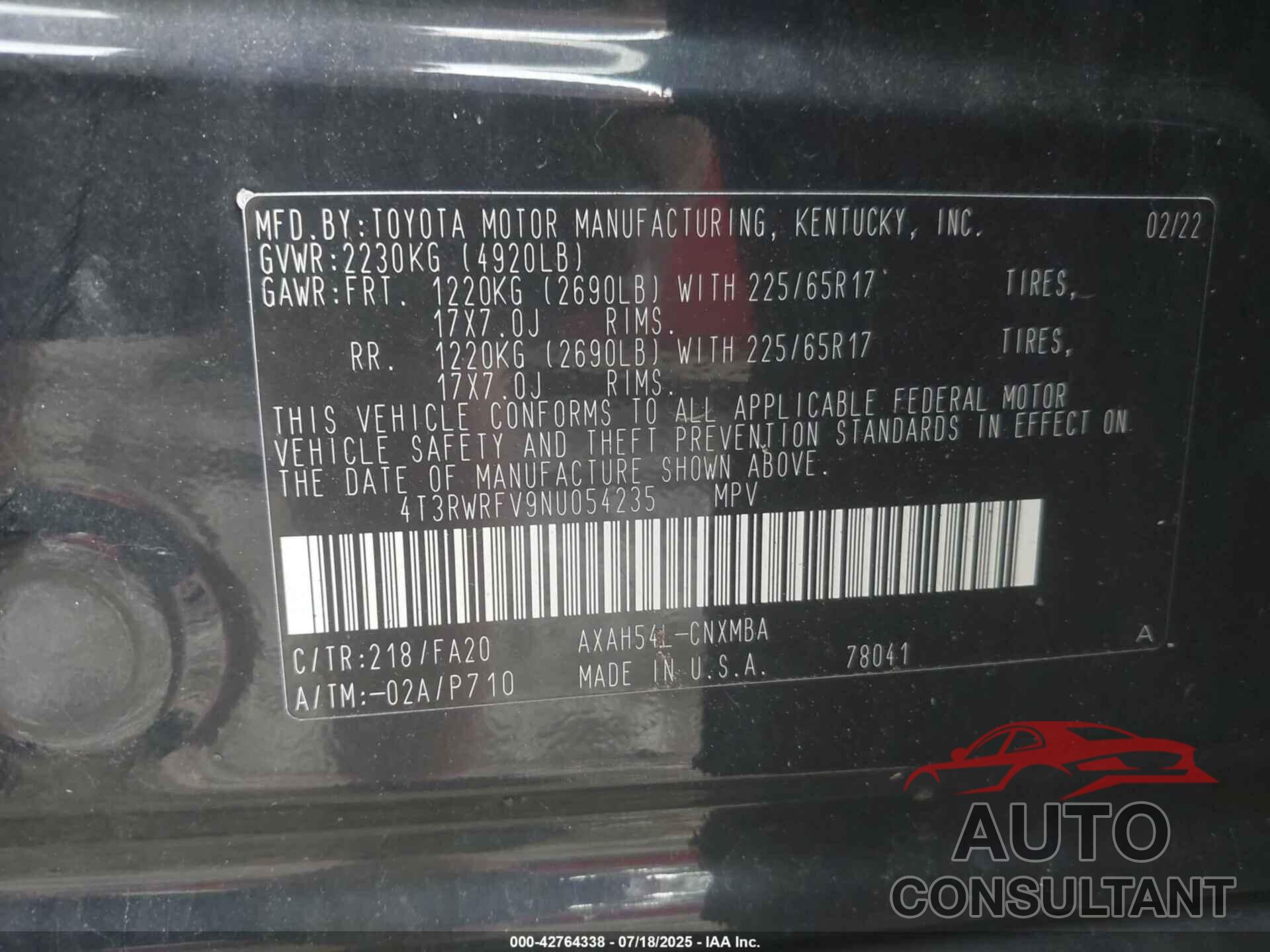 TOYOTA RAV4 HYBRID 2022 - 4T3RWRFV9NU054235