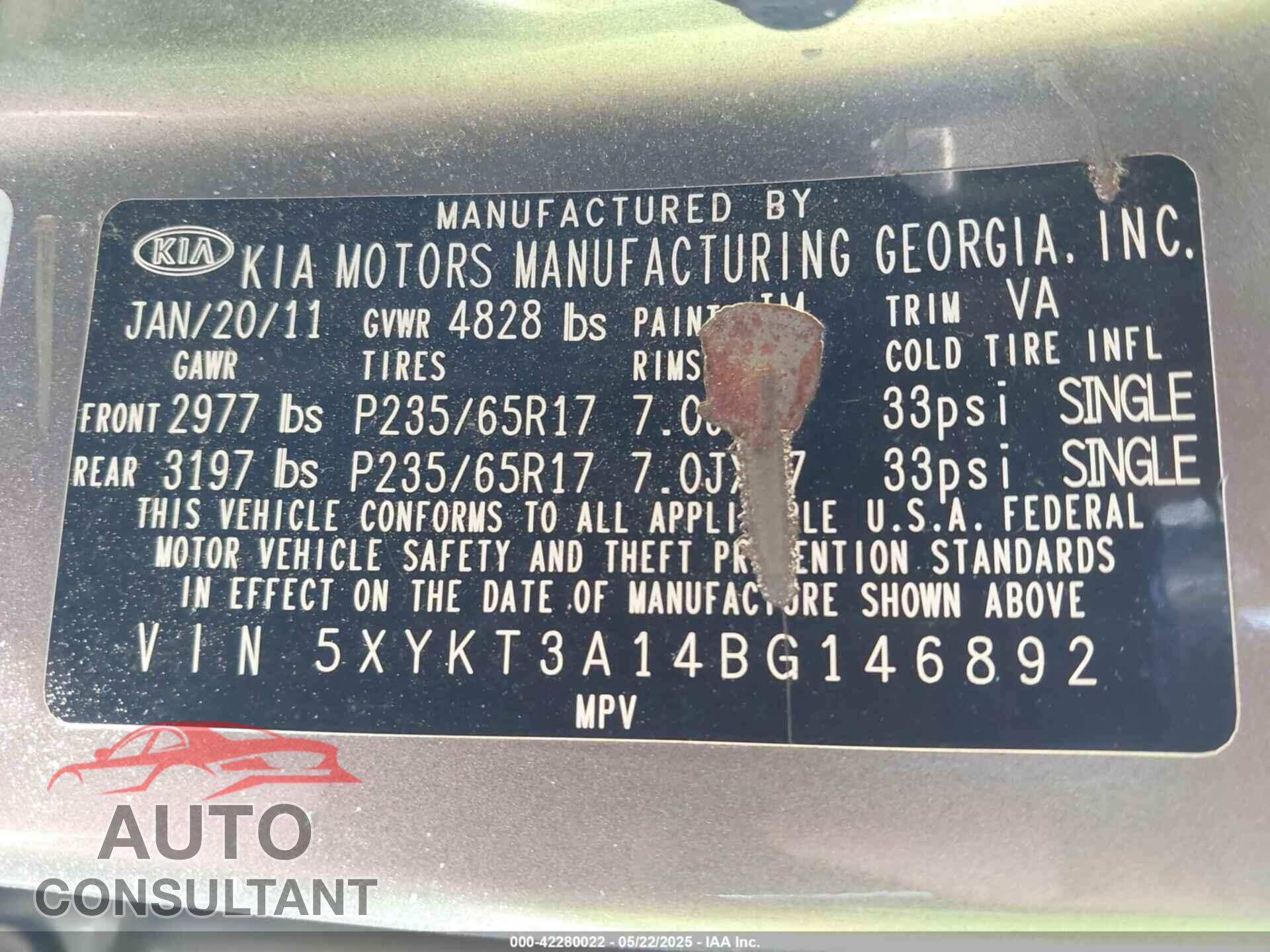 KIA SORENTO 2011 - 5XYKT3A14BG146892