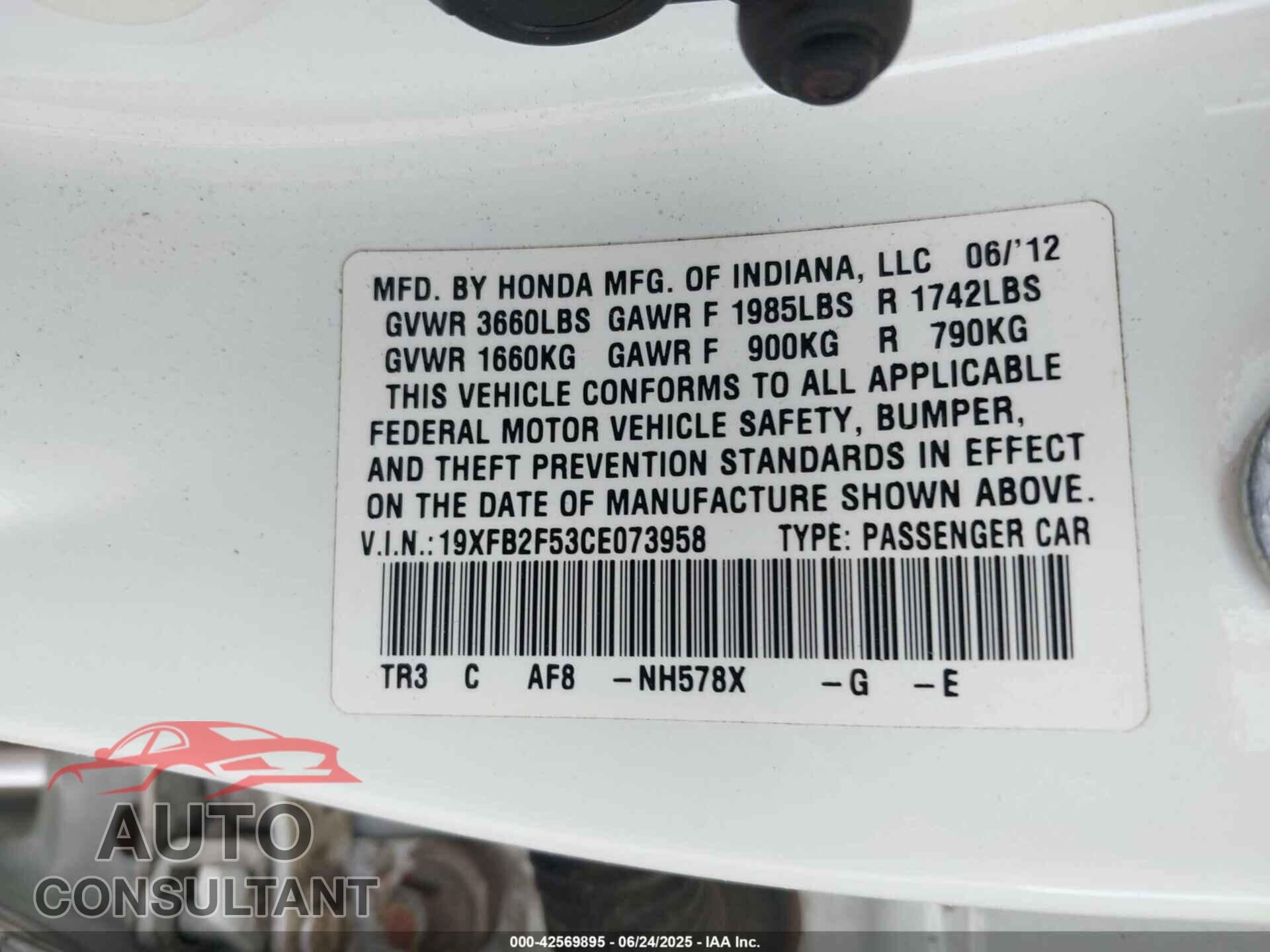 HONDA CIVIC 2012 - 19XFB2F53CE073958