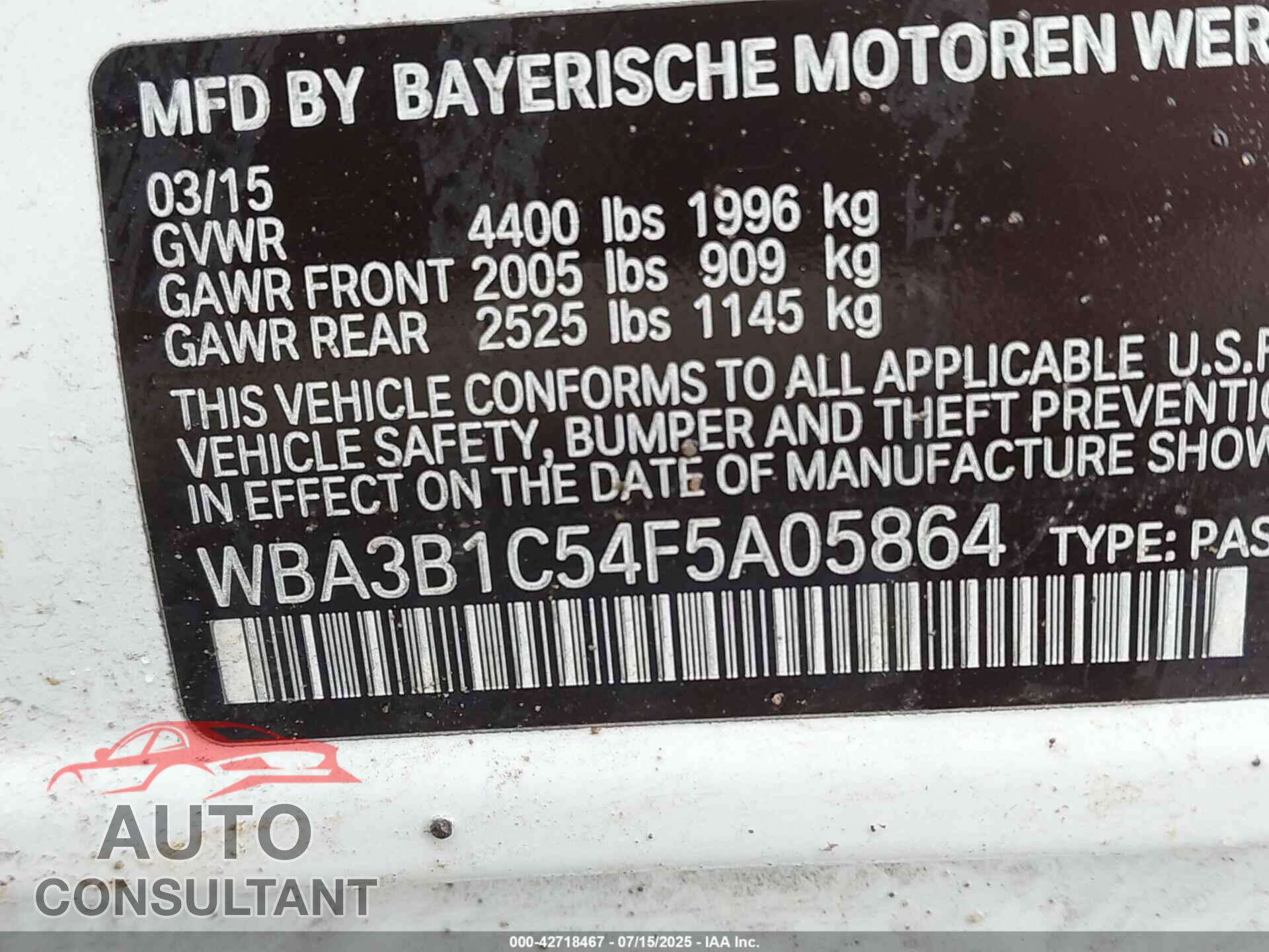 BMW 320I 2015 - WBA3B1C54F5A05864