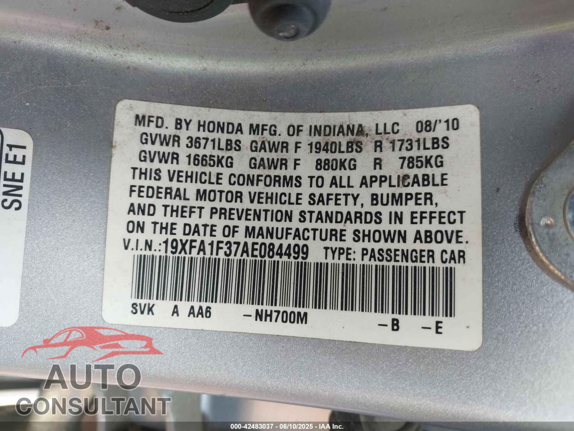 HONDA CIVIC 2010 - 19XFA1F37AE084499