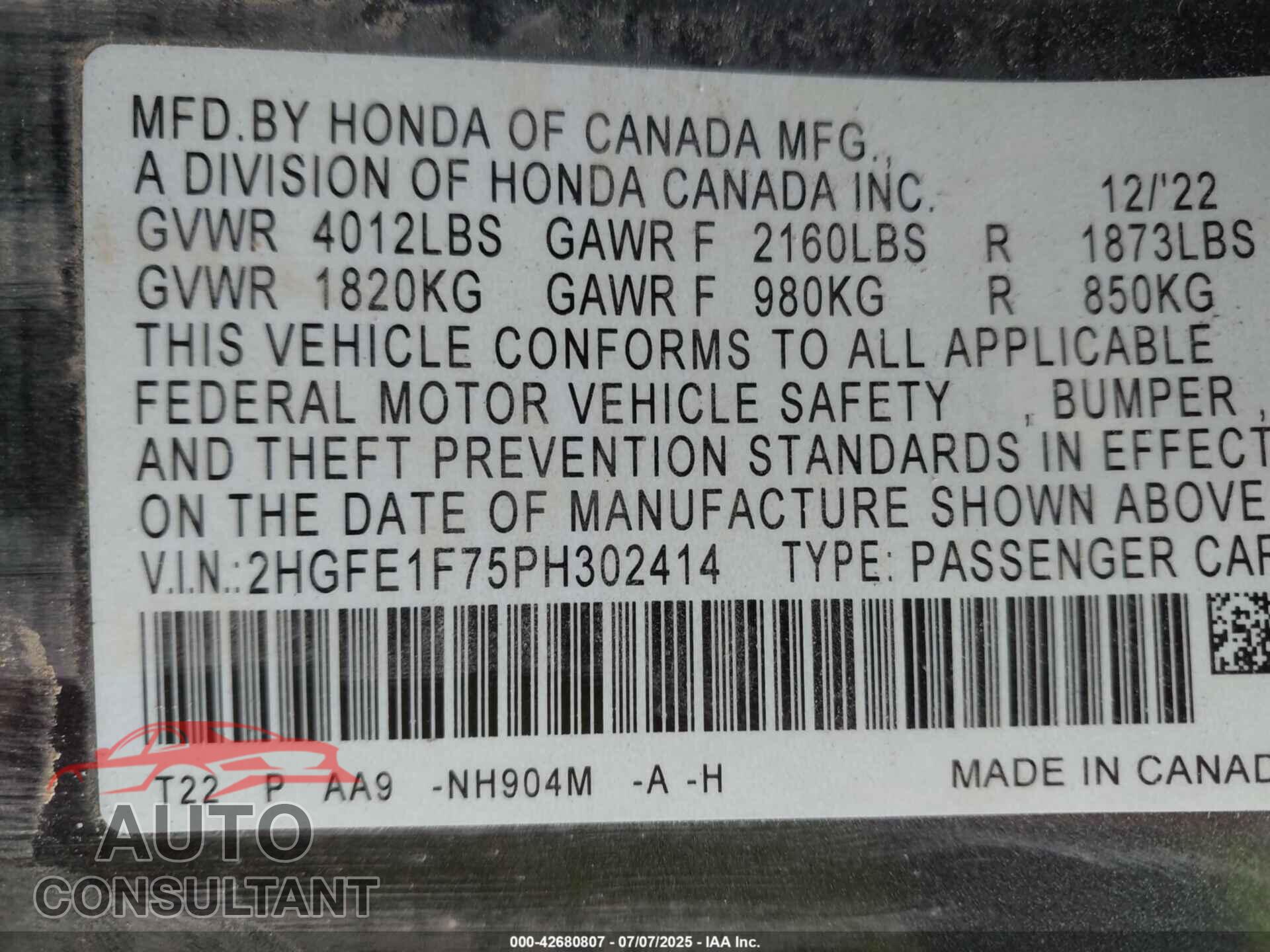 HONDA CIVIC 2023 - 2HGFE1F75PH302414
