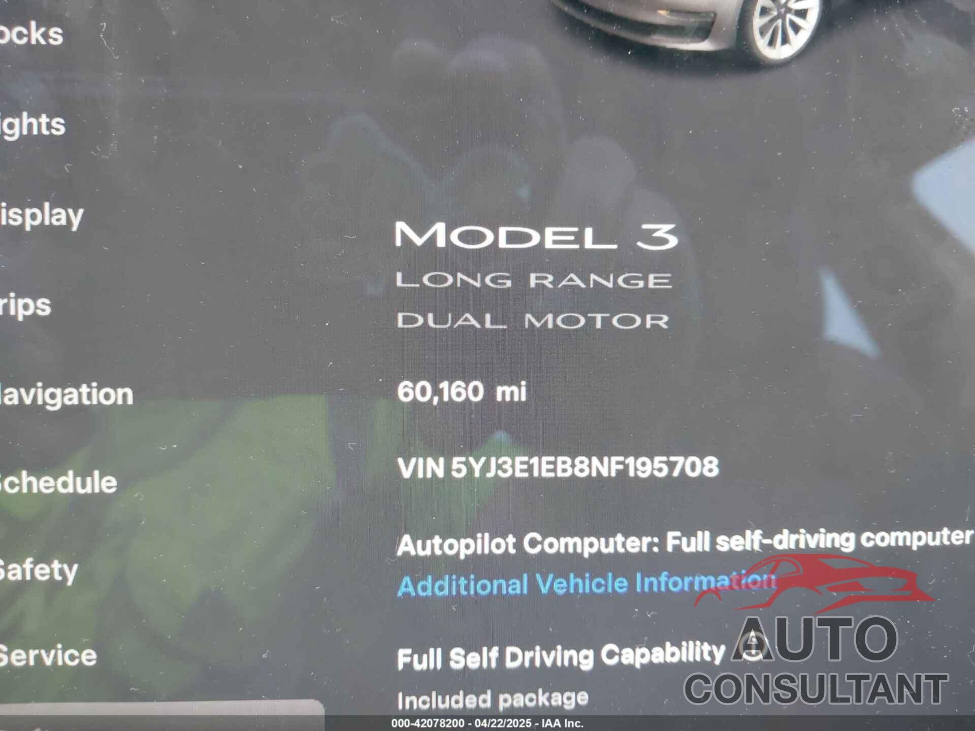TESLA MODEL 3 2022 - 5YJ3E1EB8NF195708