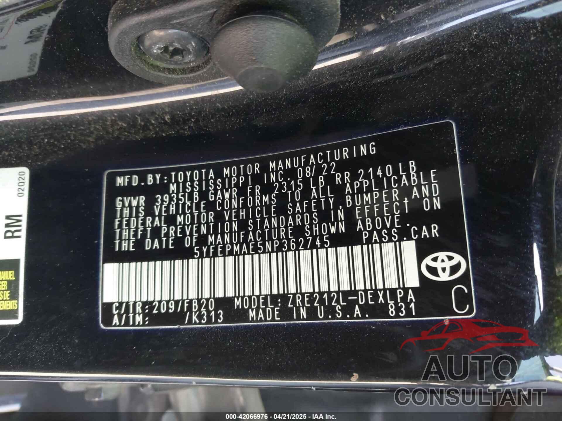 TOYOTA COROLLA 2022 - 5YFEPMAE5NP362745