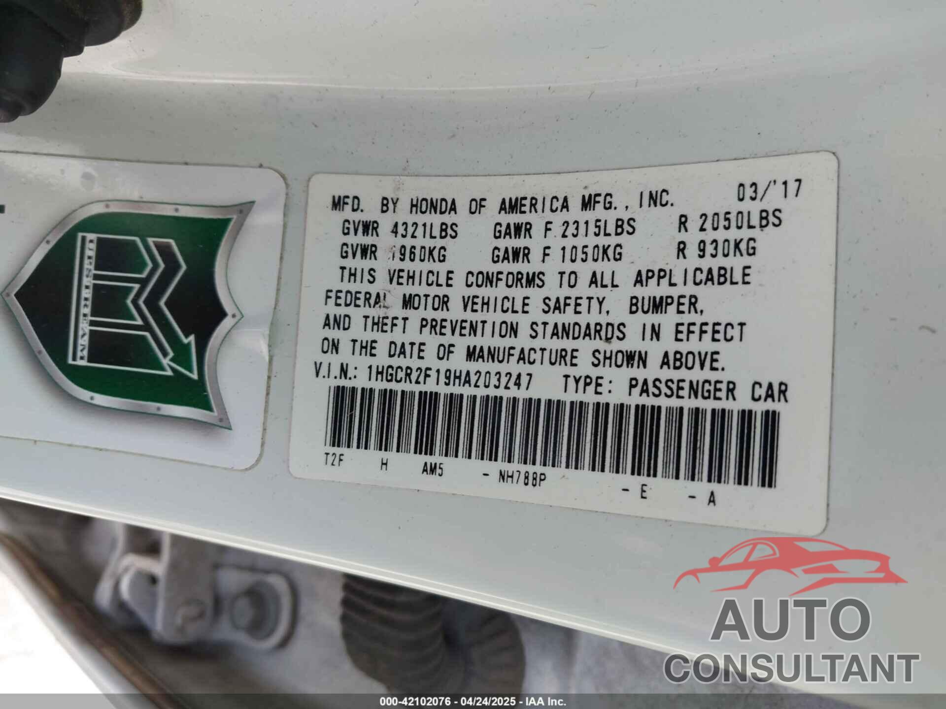 HONDA ACCORD 2017 - 1HGCR2F19HA203247
