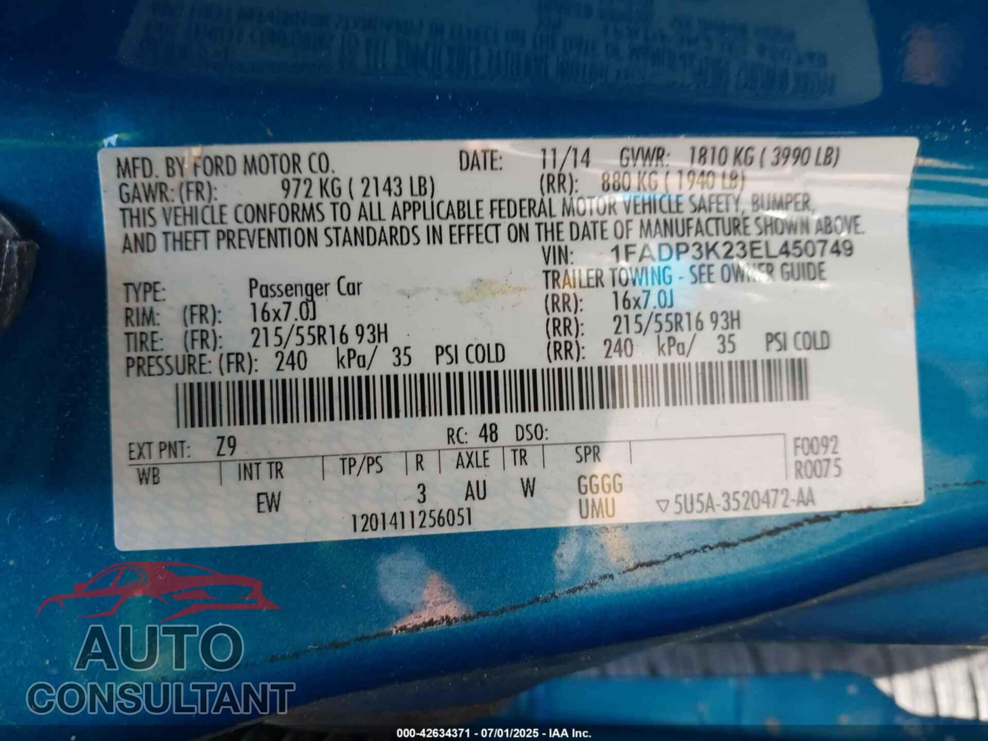 FORD FOCUS 2014 - 1FADP3K23EL450749