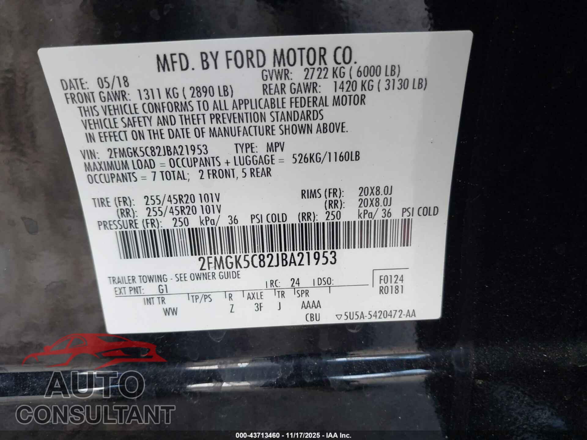 FORD FLEX 2018 - 2FMGK5C82JBA21953