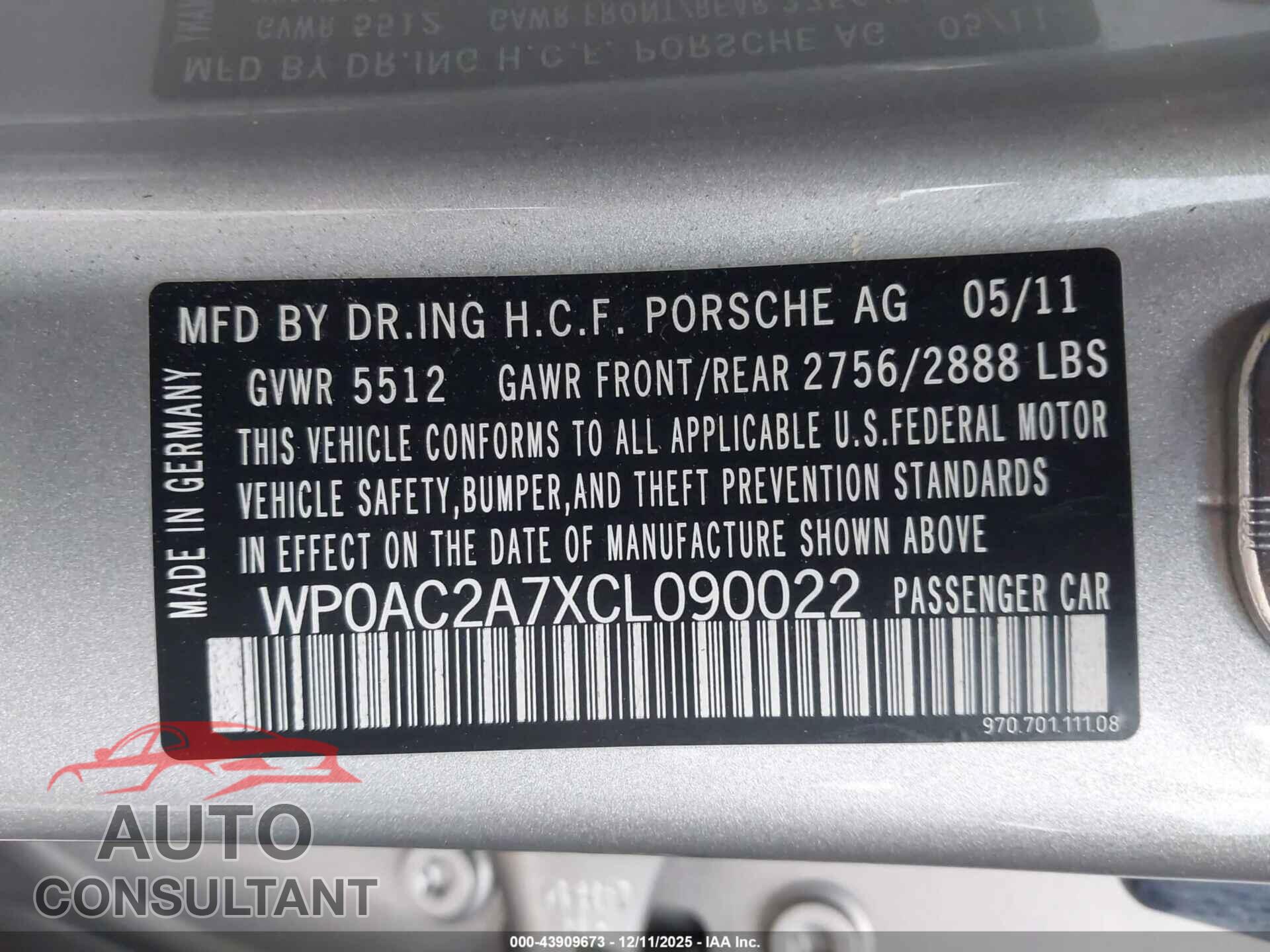 PORSCHE PANAMERA 2012 - WP0AC2A7XCL090022
