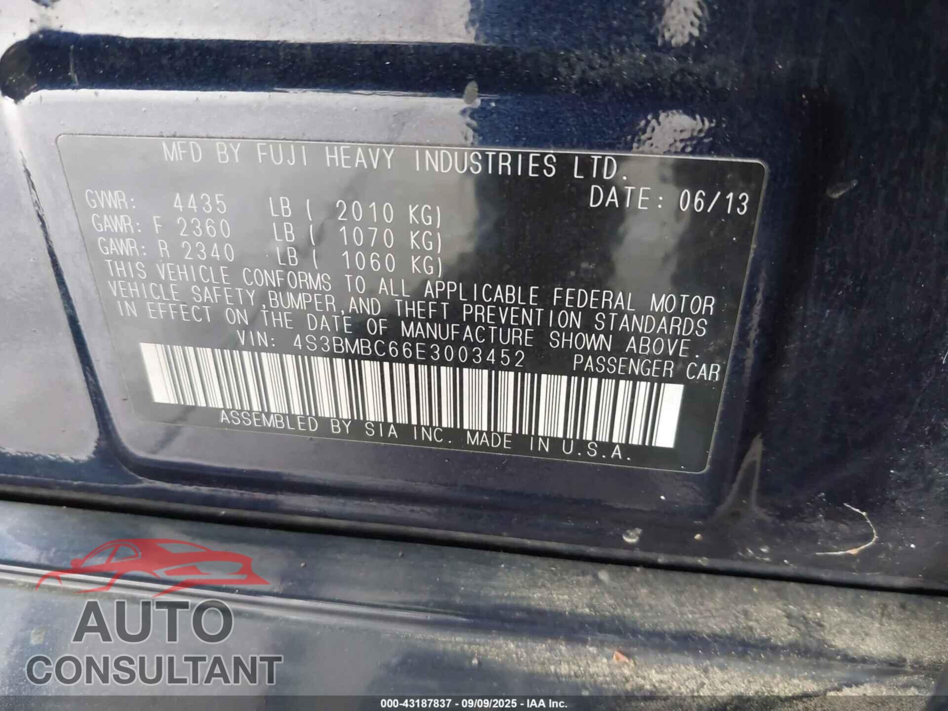 SUBARU LEGACY 2014 - 4S3BMBC66E3003452