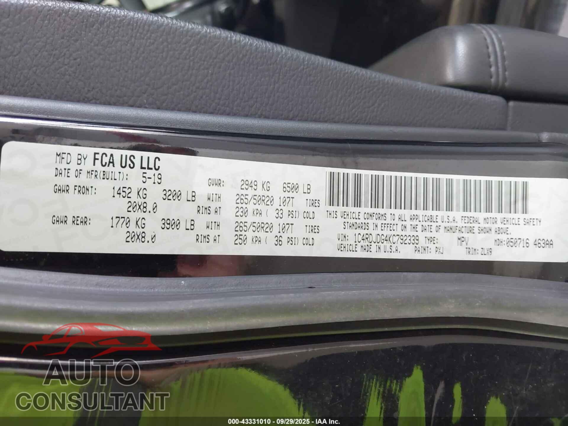 DODGE DURANGO 2019 - 1C4RDJDG4KC792339