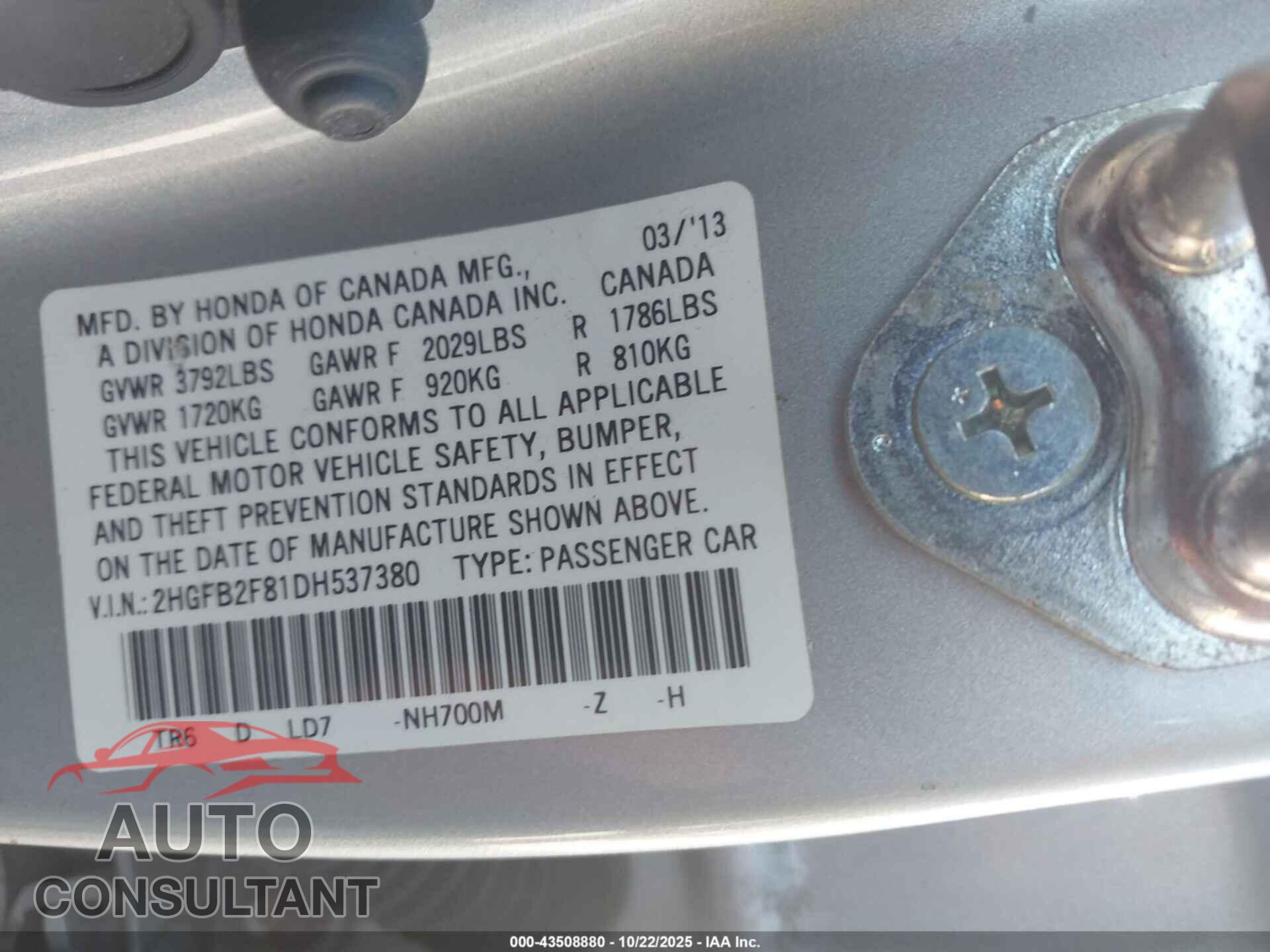 HONDA CIVIC 2013 - 2HGFB2F81DH537380