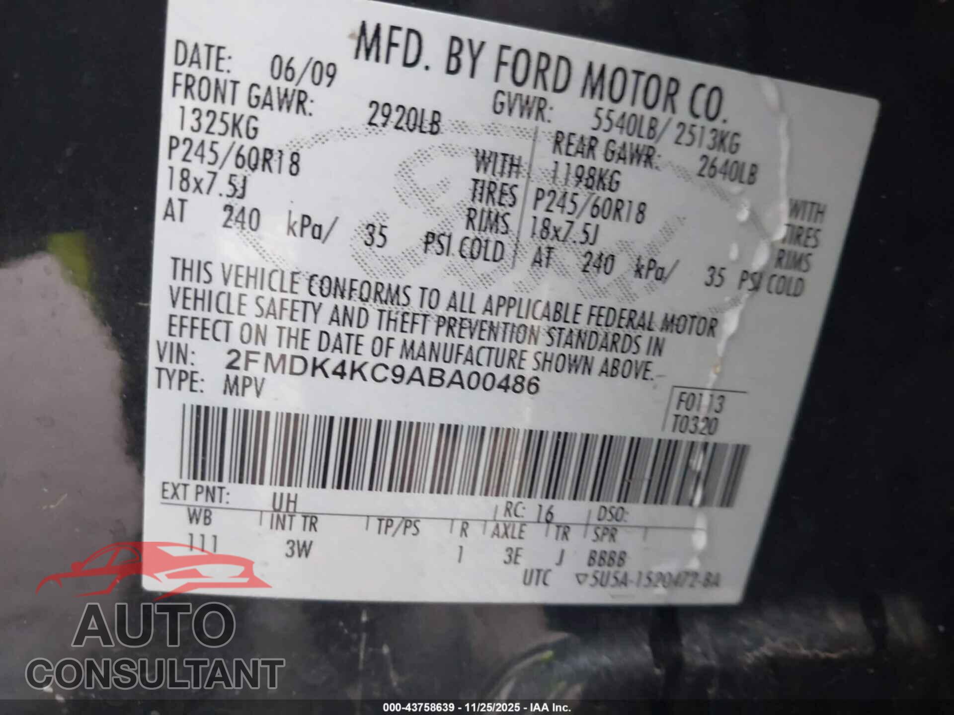 FORD EDGE 2010 - 2FMDK4KC9ABA00486