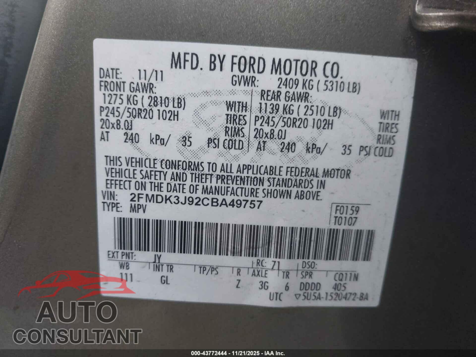 FORD EDGE 2012 - 2FMDK3J92CBA49757
