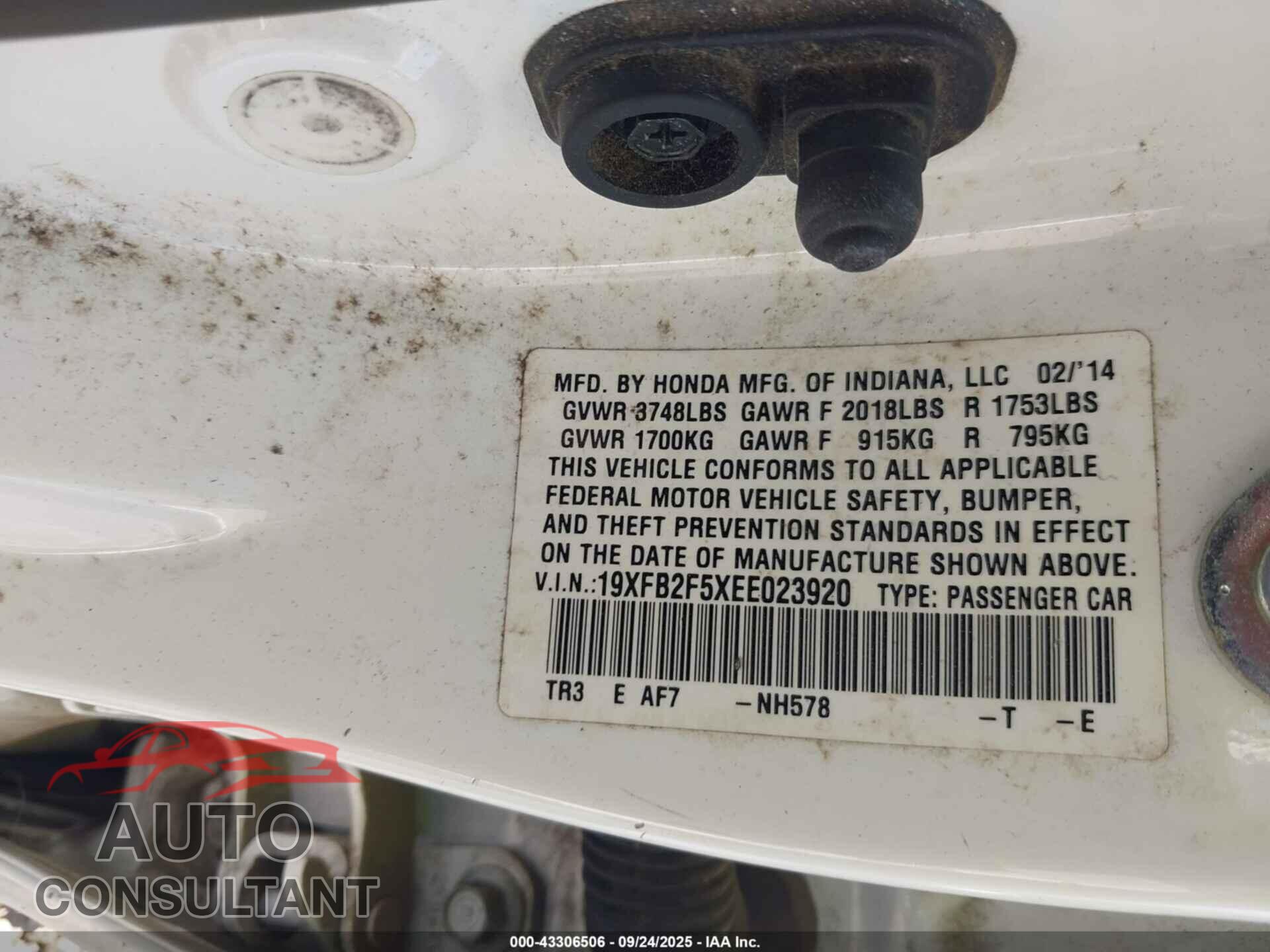 HONDA CIVIC 2014 - 19XFB2F5XEE023920