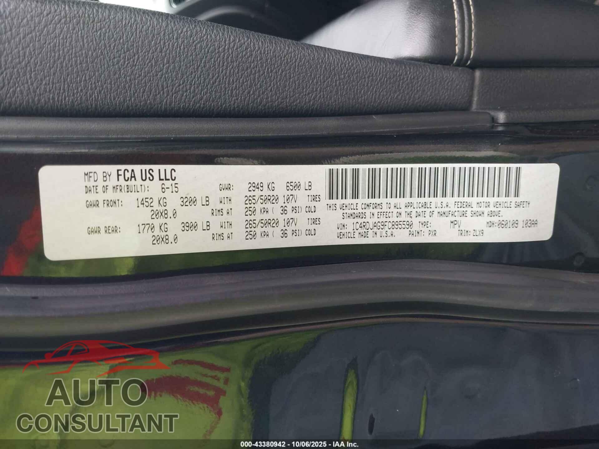 DODGE DURANGO 2015 - 1C4RDJAG9FC895590