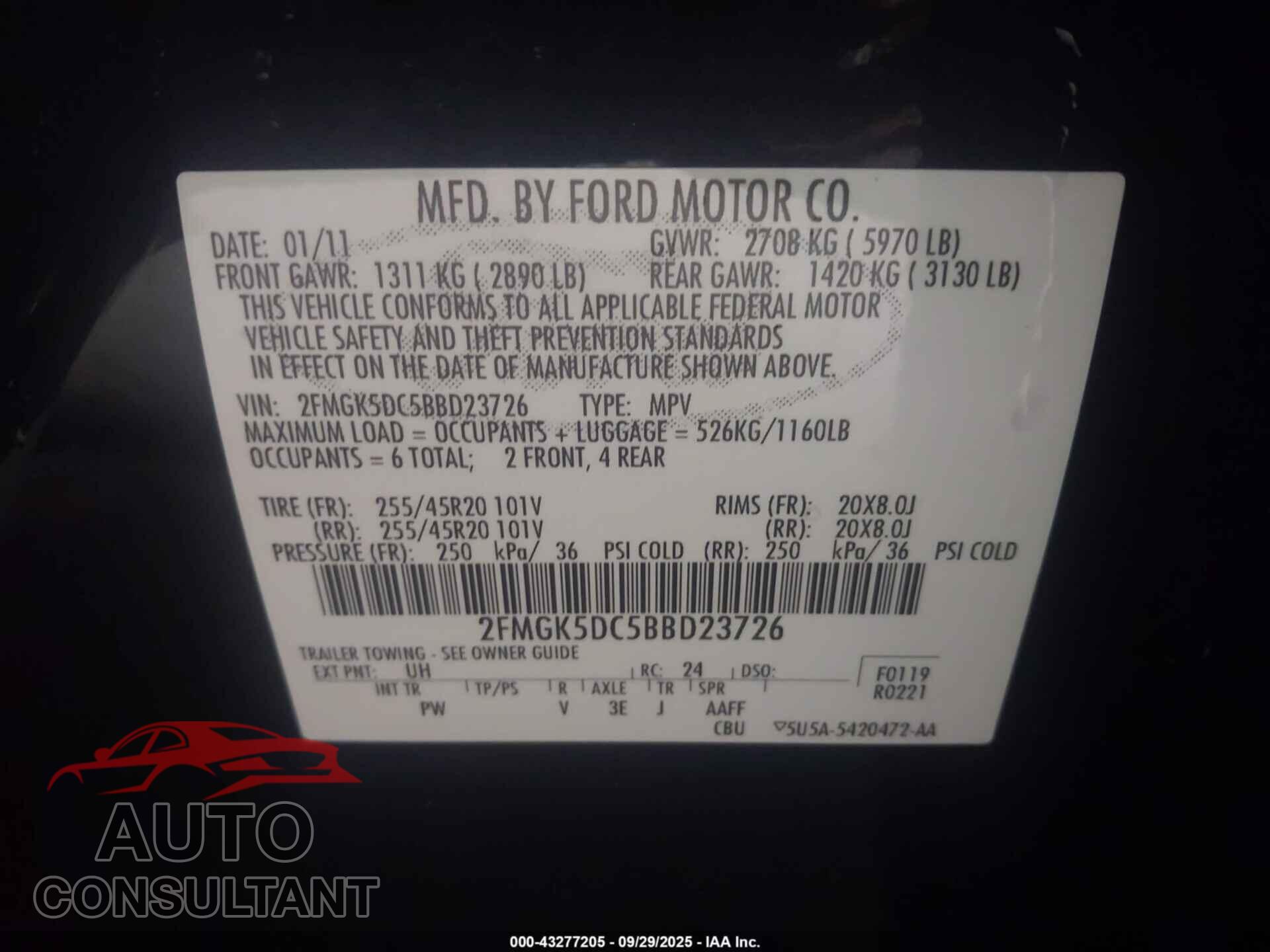FORD FLEX 2011 - 2FMGK5DC5BBD23726