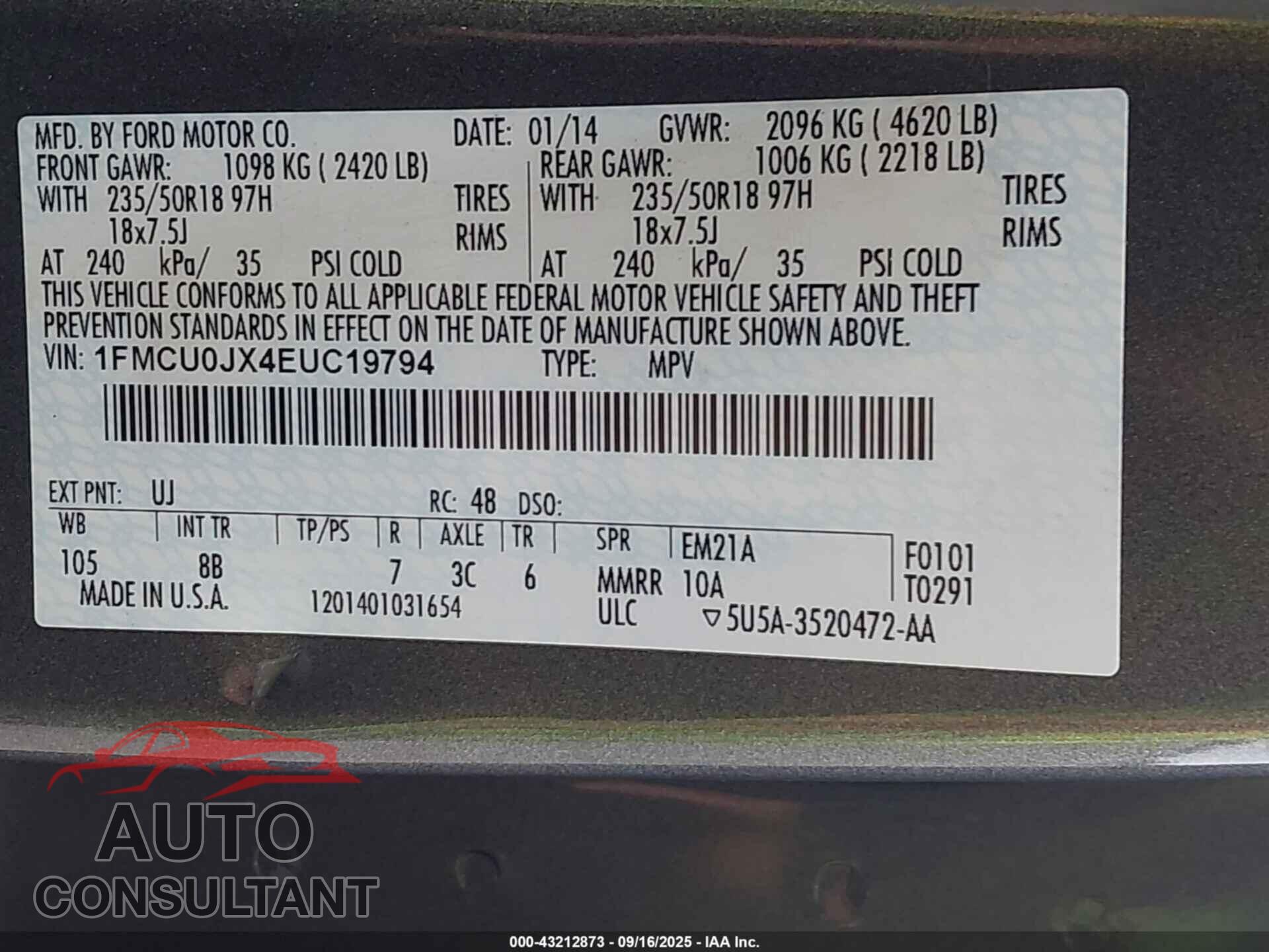 FORD ESCAPE 2014 - 1FMCU0JX4EUC19794