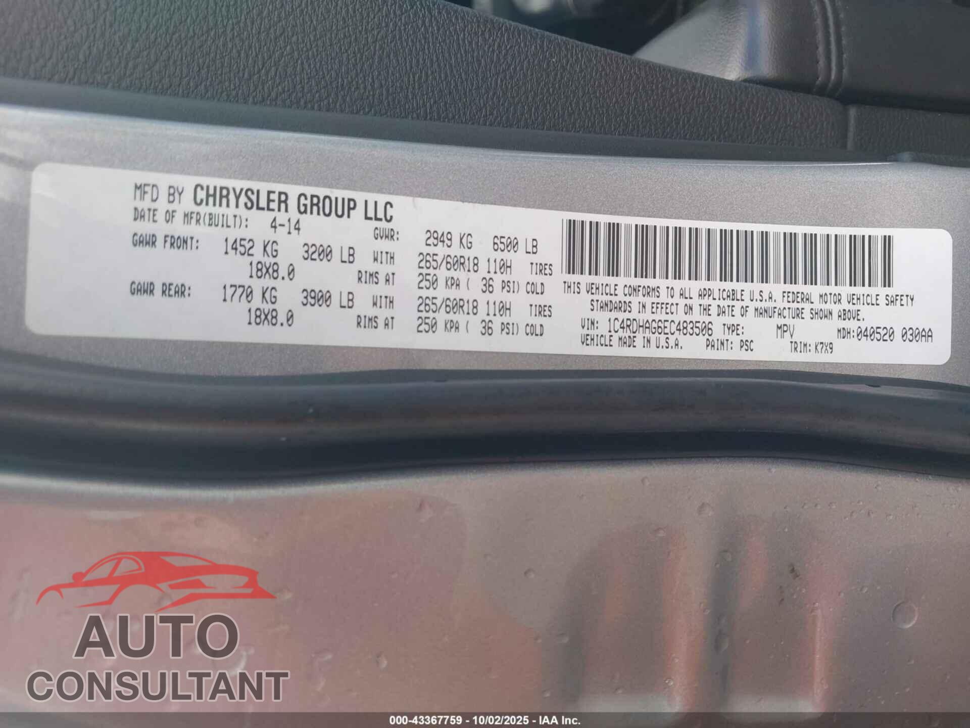 DODGE DURANGO 2014 - 1C4RDHAG6EC483506