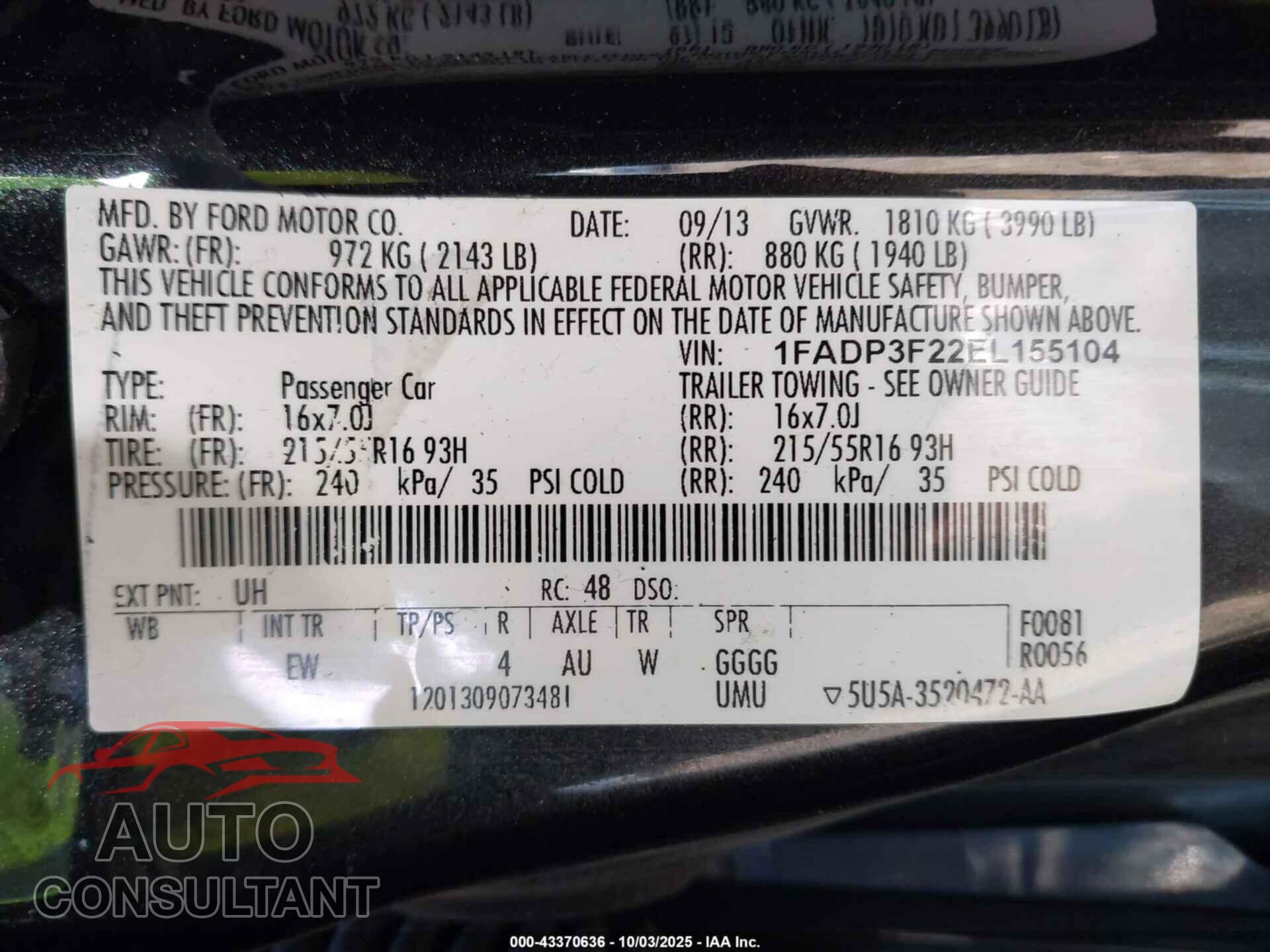 FORD FOCUS 2014 - 1FADP3F22EL155104