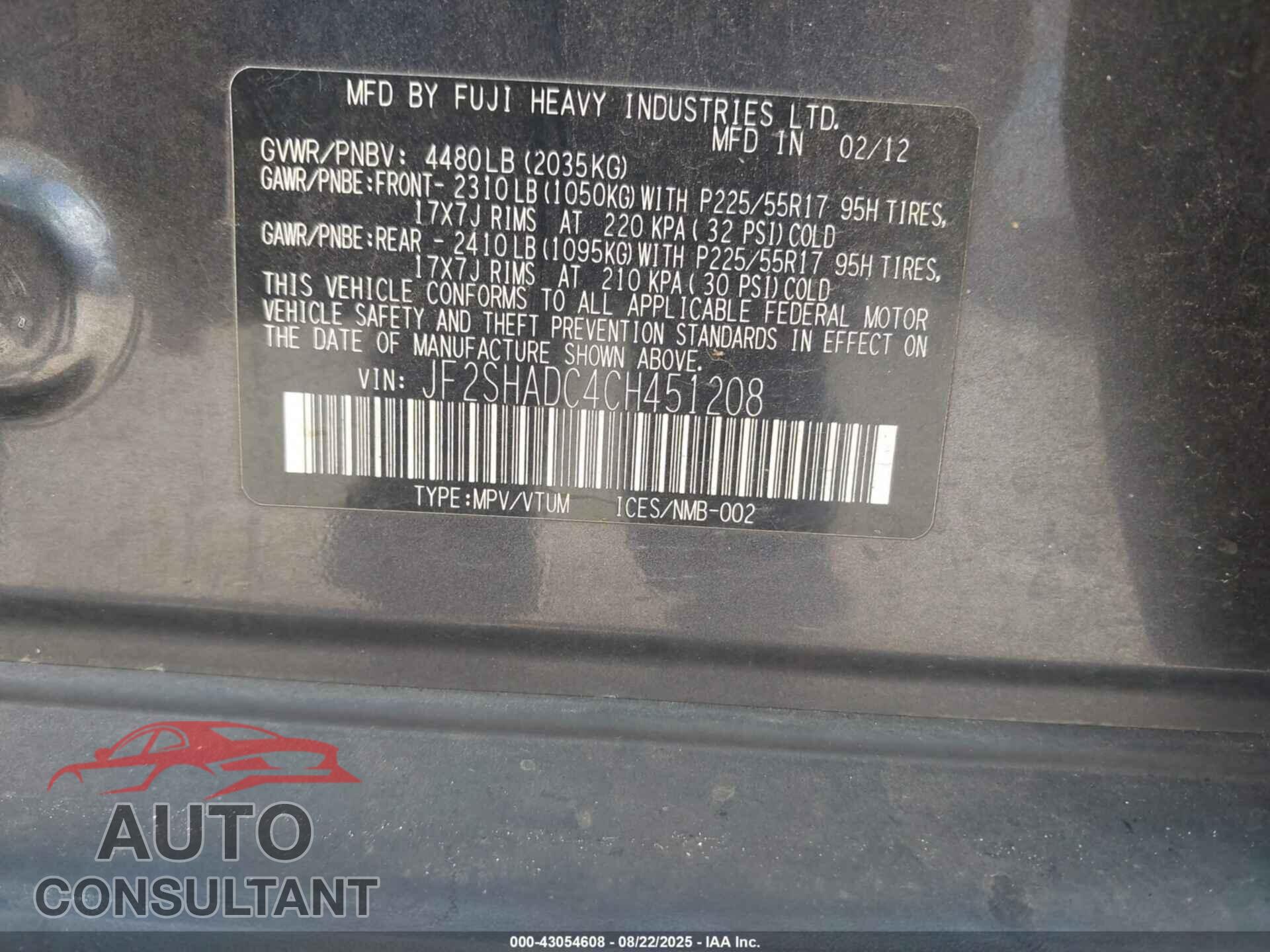 SUBARU FORESTER 2012 - JF2SHADC4CH451208