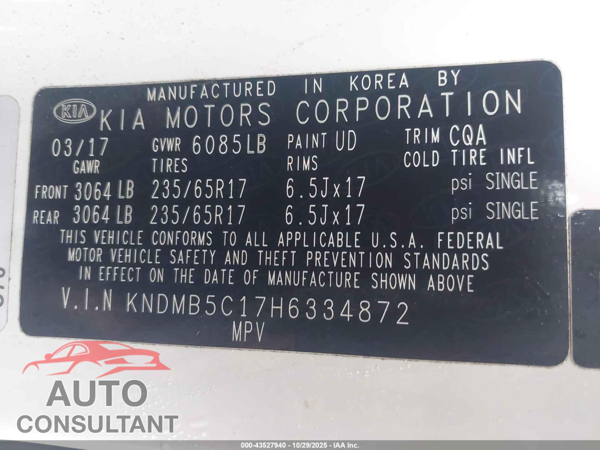 KIA SEDONA 2017 - KNDMB5C17H6334872