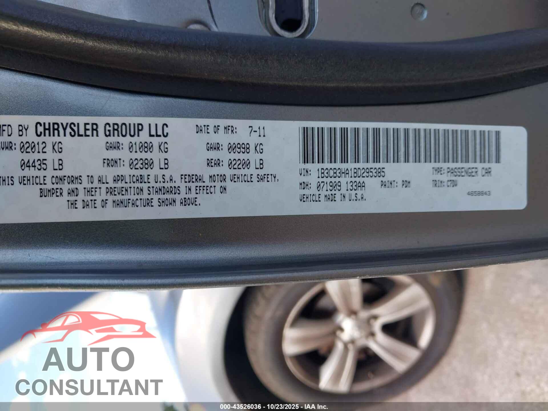 DODGE CALIBER 2011 - 1B3CB3HA1BD295385