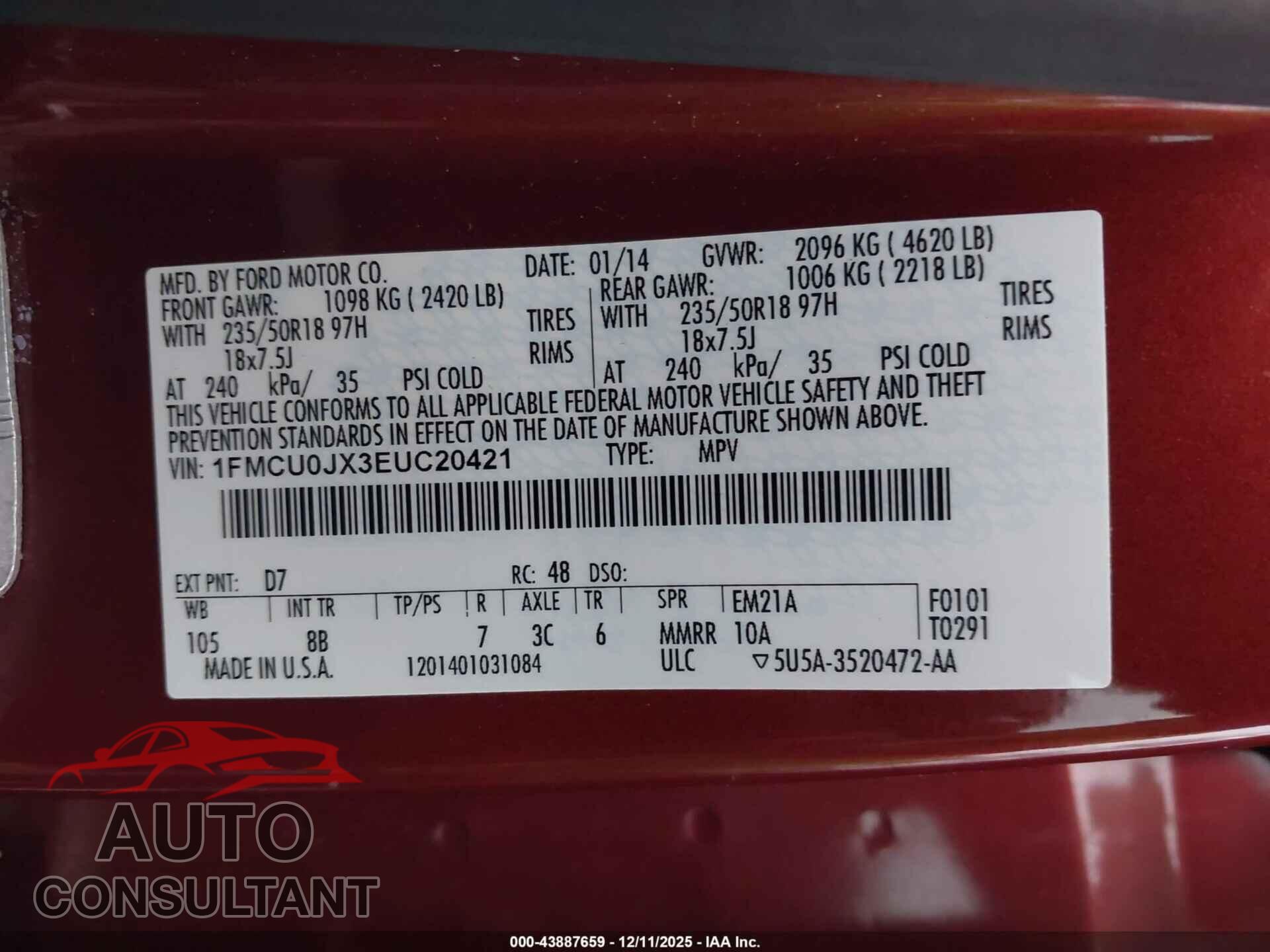 FORD ESCAPE 2014 - 1FMCU0JX3EUC20421