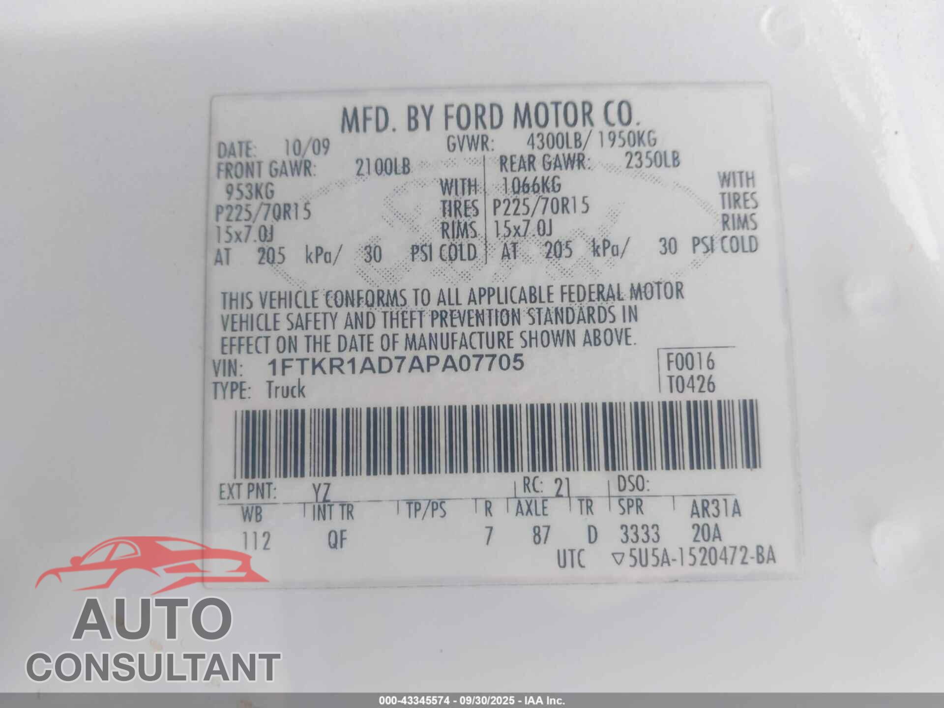 FORD RANGER 2010 - 1FTKR1AD7APA07705
