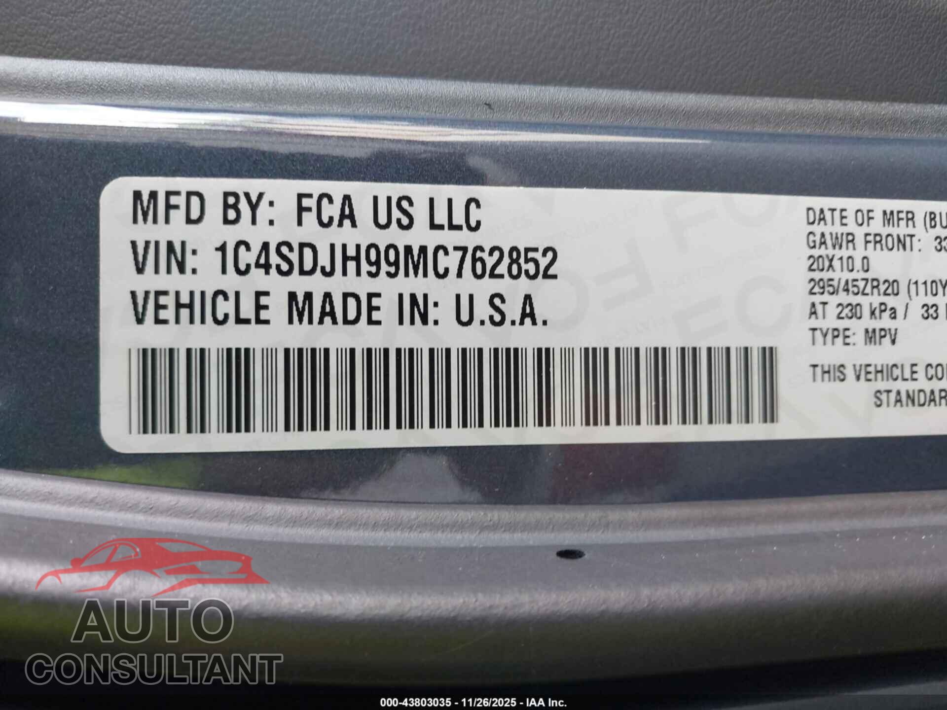DODGE DURANGO 2021 - 1C4SDJH99MC762852