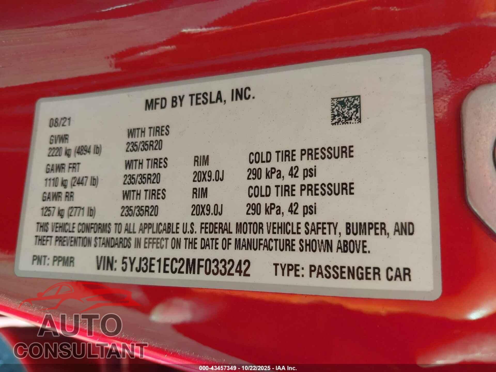 TESLA MODEL 3 2021 - 5YJ3E1EC2MF033242
