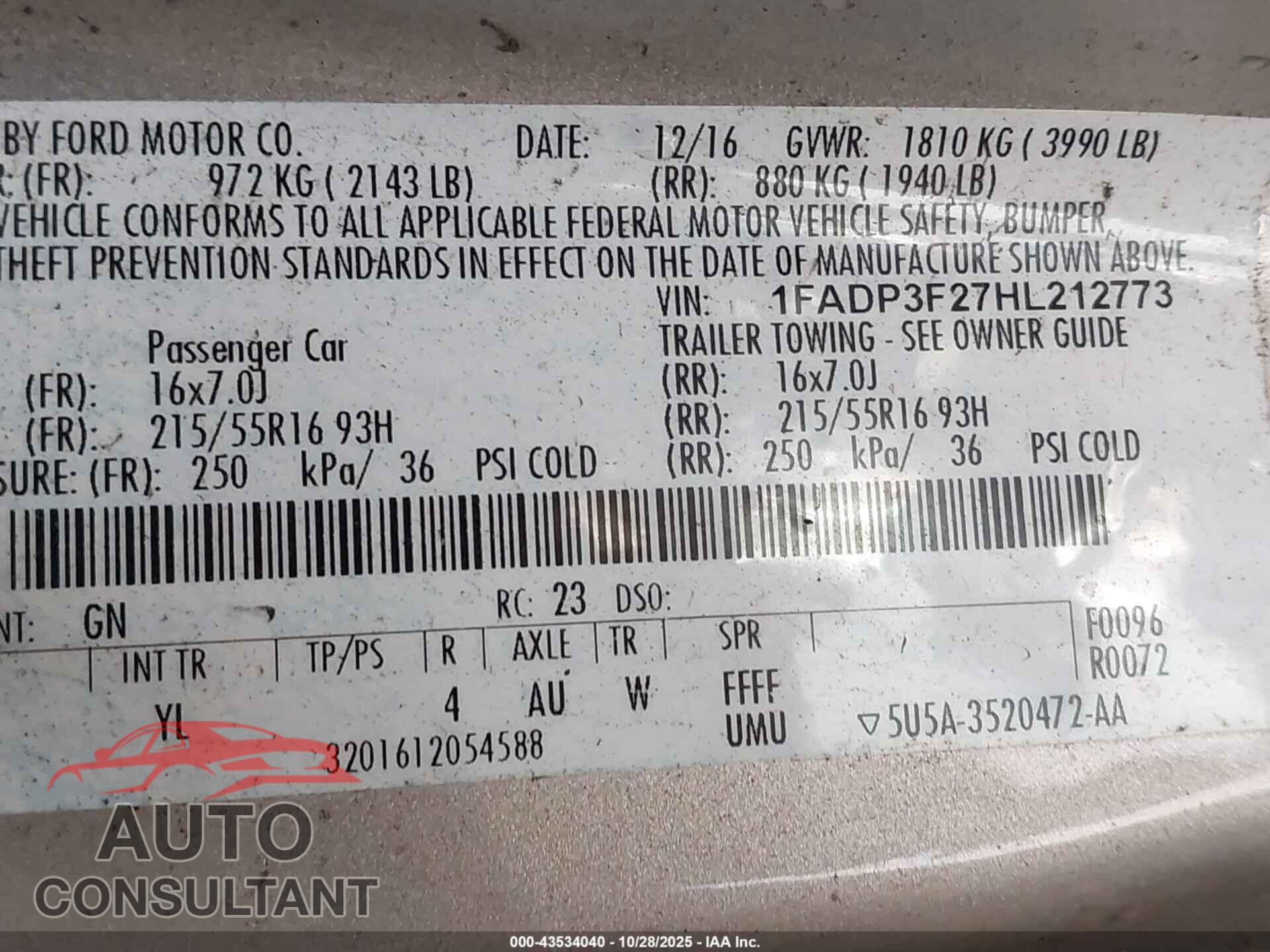 FORD FOCUS 2017 - 1FADP3F27HL212773