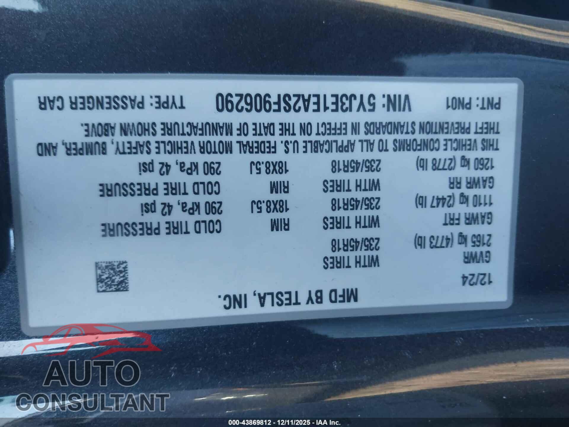 TESLA MODEL 3 2025 - 5YJ3E1EA2SF906290
