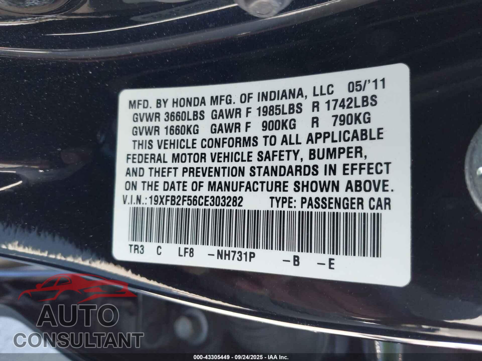 HONDA CIVIC 2012 - 19XFB2F56CE303282