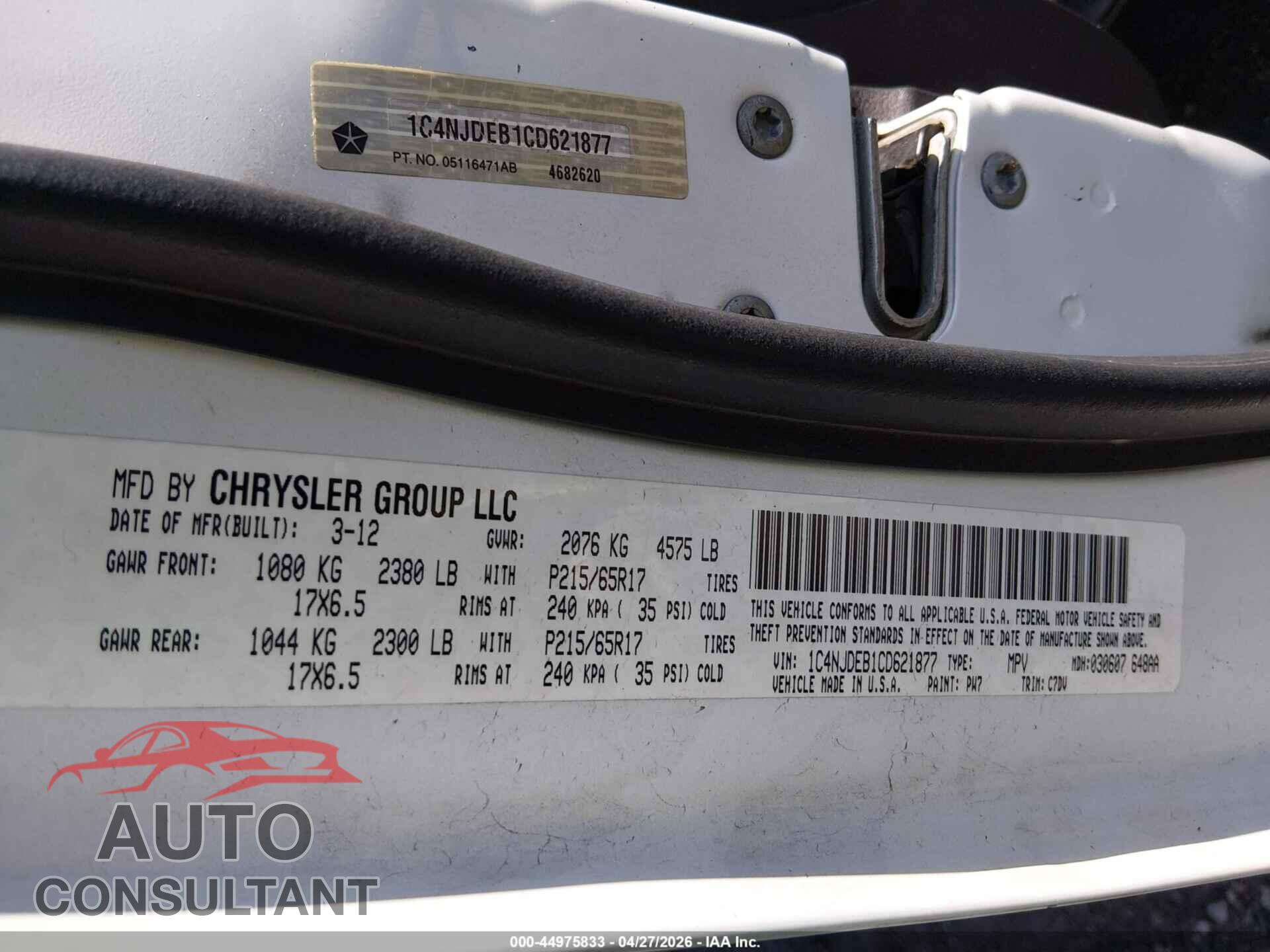 JEEP COMPASS 2012 - 1C4NJDEB1CD621877