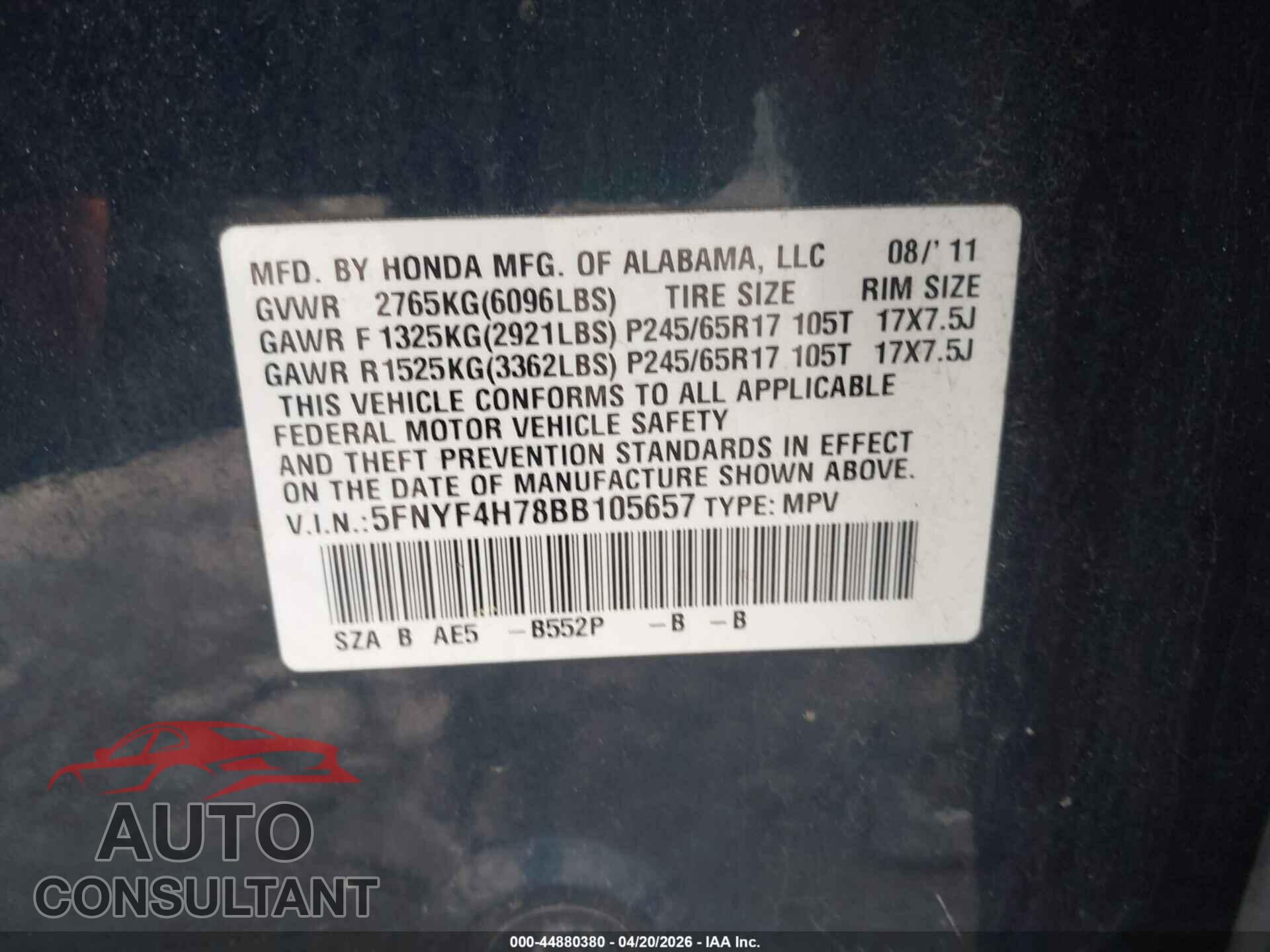 HONDA PILOT 2011 - 5FNYF4H78BB105657