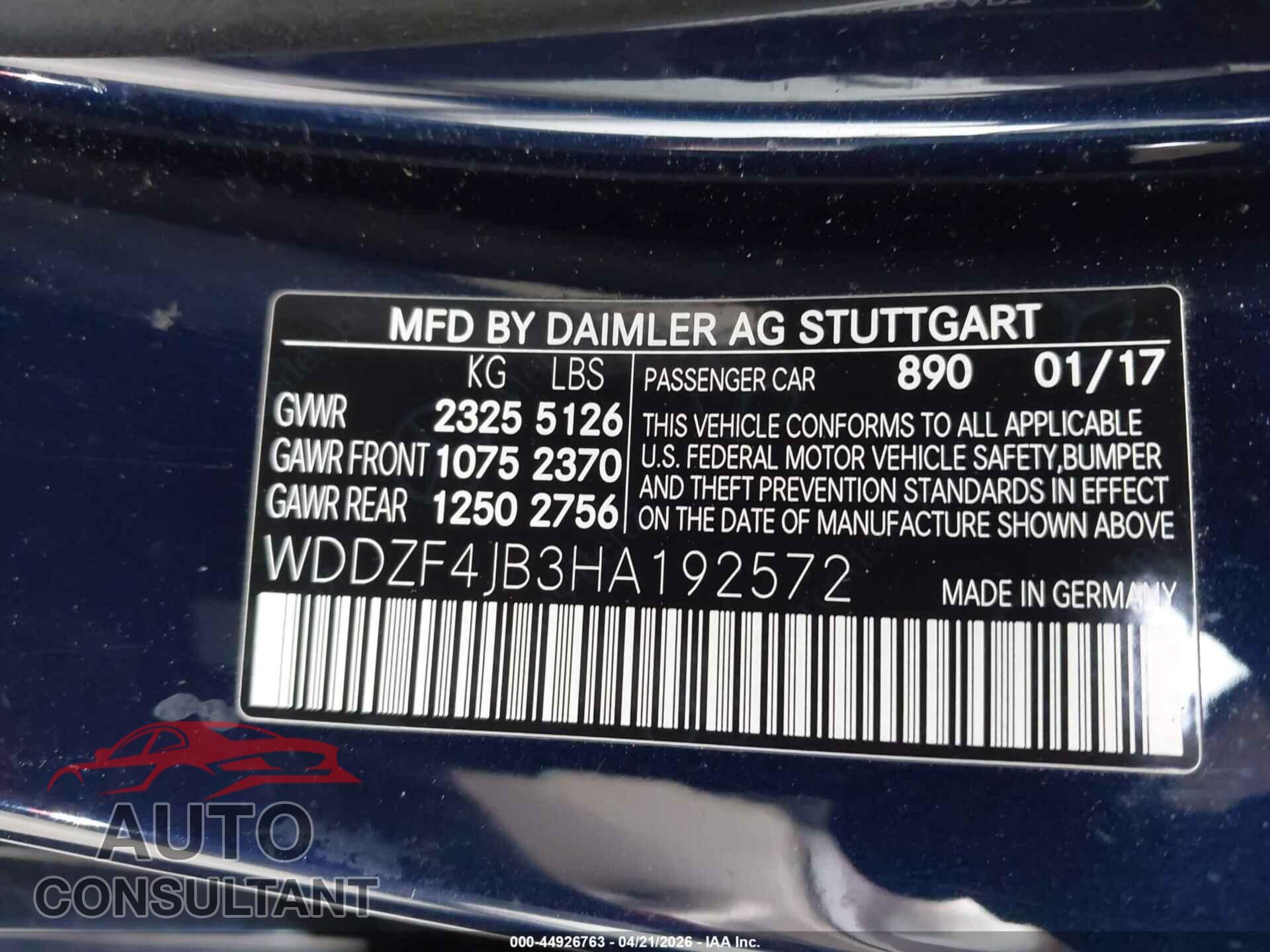 MERCEDES-BENZ E 2017 - WDDZF4JB3HA192572