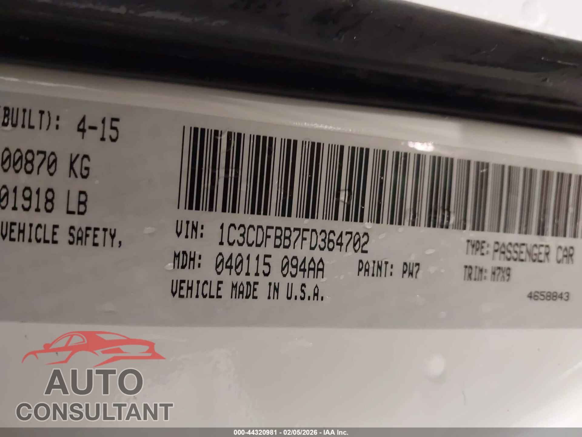 DODGE DART 2015 - 1C3CDFBB7FD364702