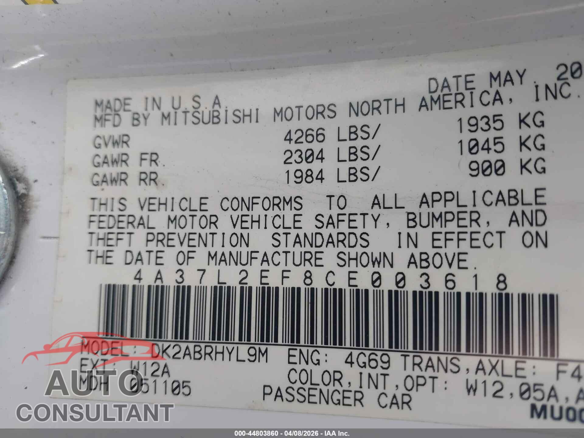 MITSUBISHI ECLIPSE SPYDER 2012 - 4A37L2EF8CE003618