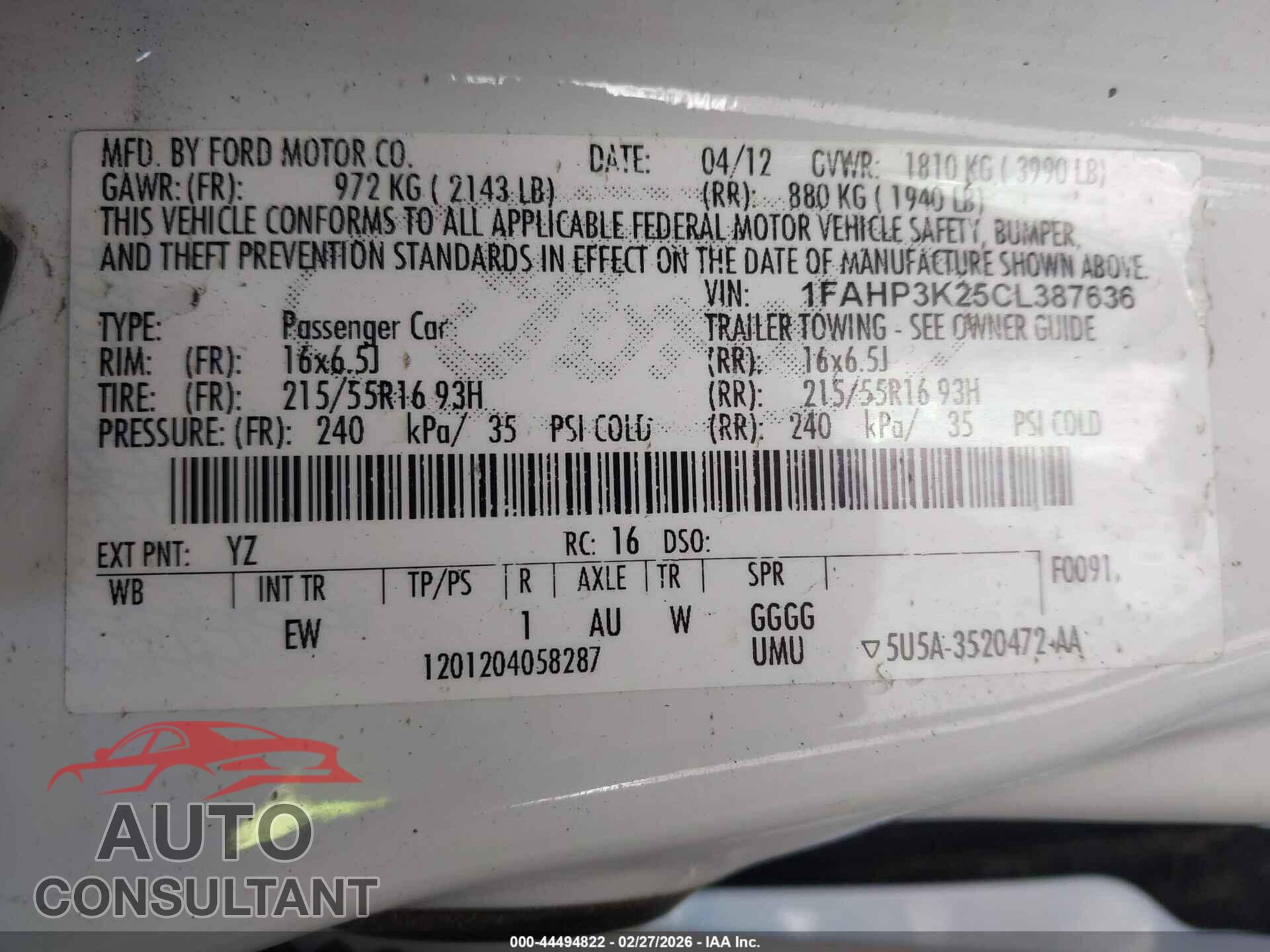 FORD FOCUS 2012 - 1FAHP3K25CL387636