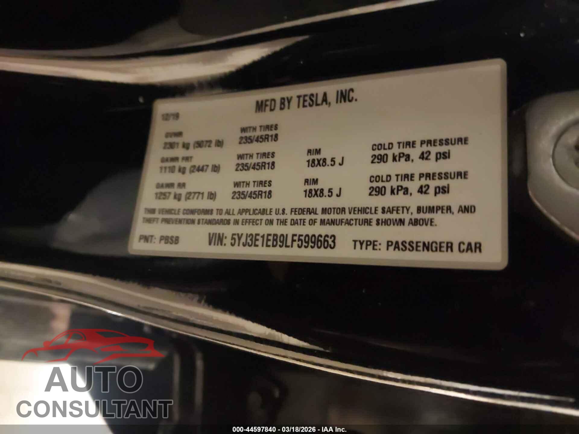 TESLA MODEL 3 2020 - 5YJ3E1EB9LF599663