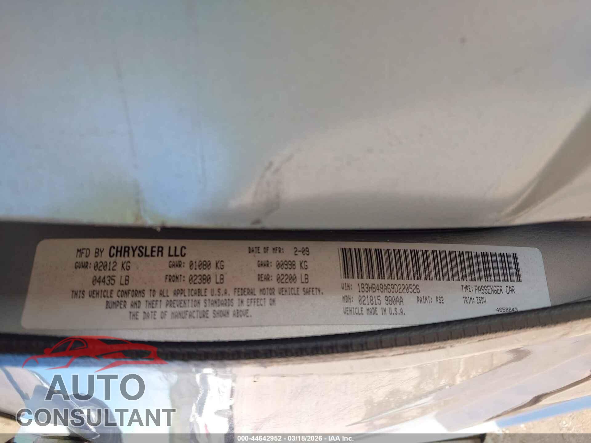 DODGE CALIBER 2009 - 1B3HB48A69D220526